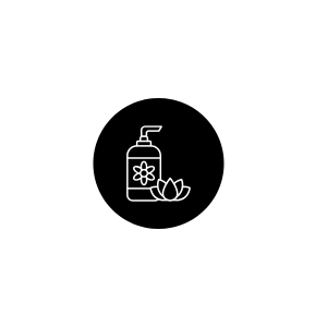 Icon of a hand sanitizer bottle with a pump, featuring a flower and leaf design