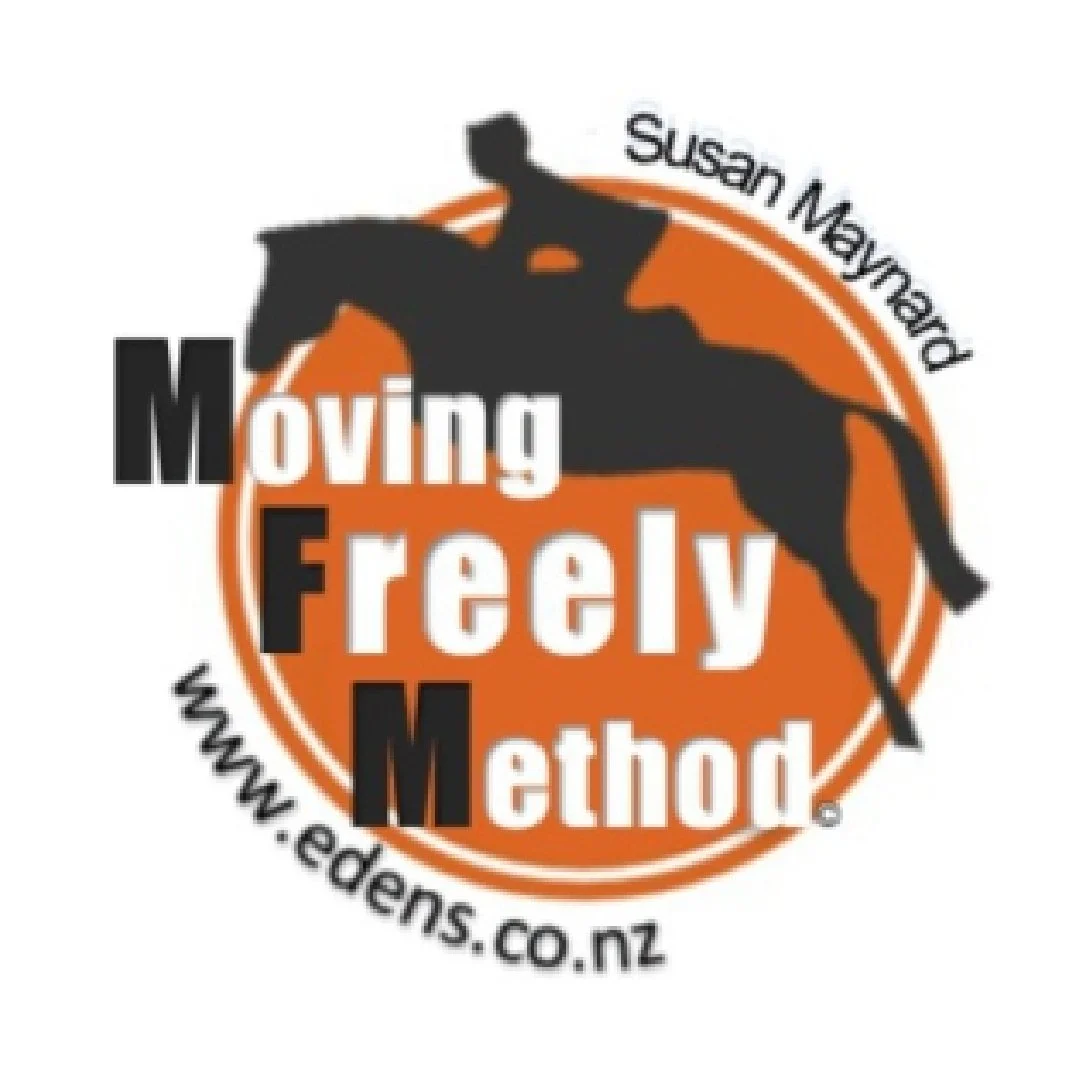 Logo for Moving Freely Method featuring a black silhouette of a horse jumping through an orange circle, with text including 'Moving Freely Method', 'Susan Maynard', and the website 'www.edens.co.nz'.