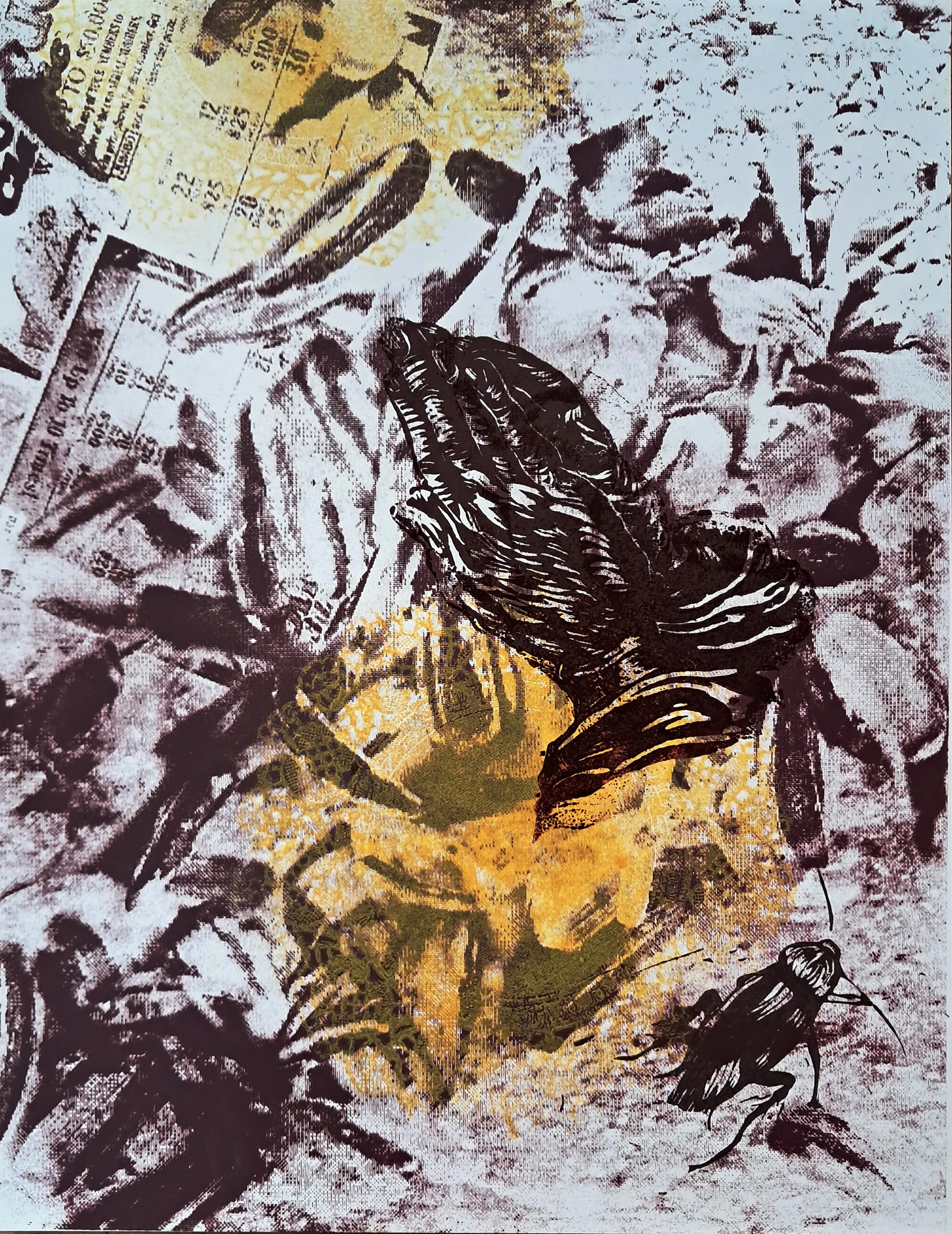 A mixed media artwork featuring mauve and white prayer hands, sunflower seeds and lotto tickets.