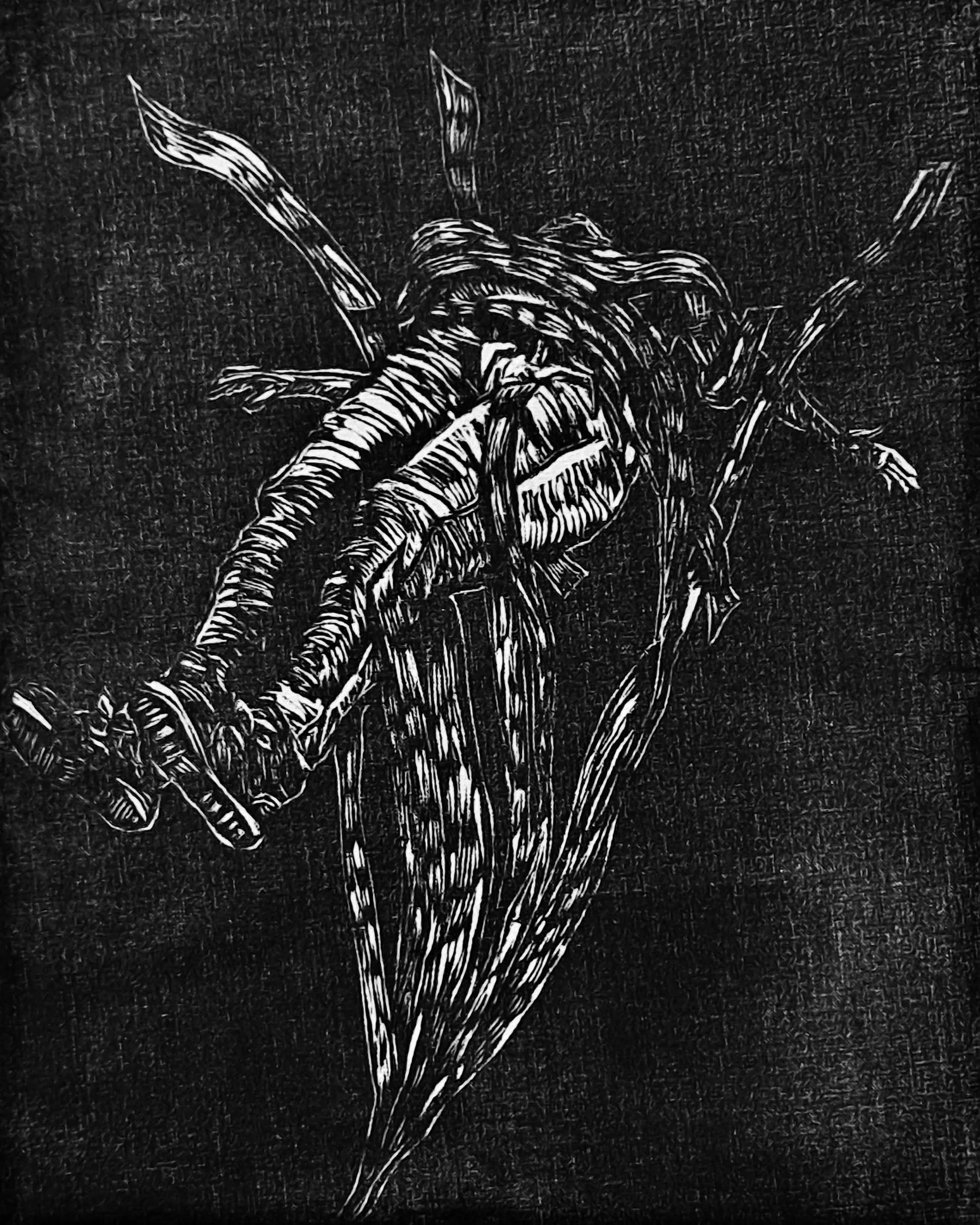 Black and white relief print of a person held up by ace bandages.