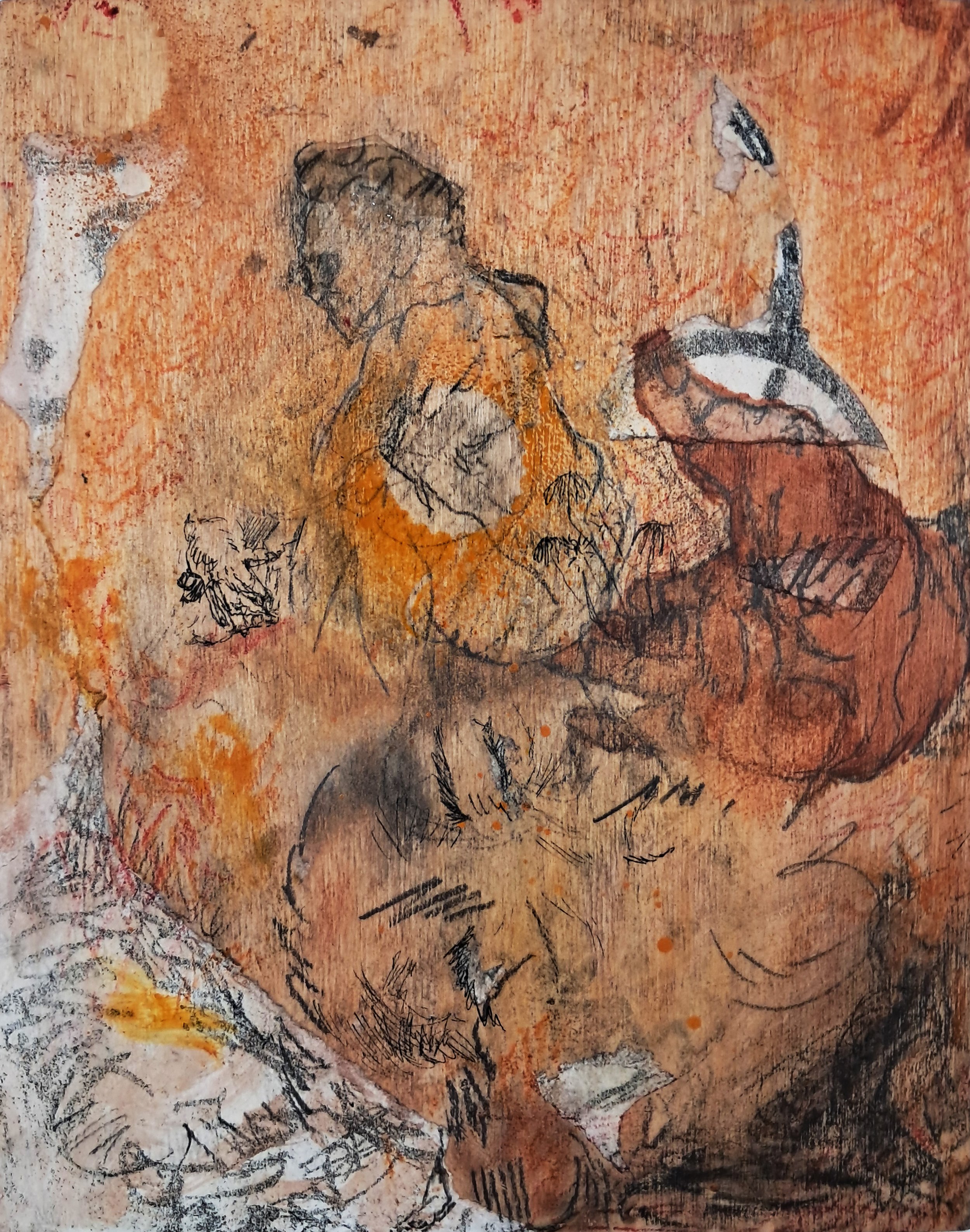 Mixed media artwork depicting an orange background and a lightly drawn figure sitting on a hand and a flower.