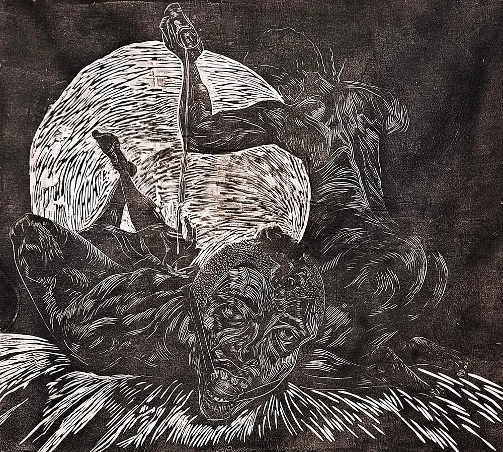 Shouts Out to the Hot Mouth Women of Babylon
32"x36"
2022
Relief on fabric
