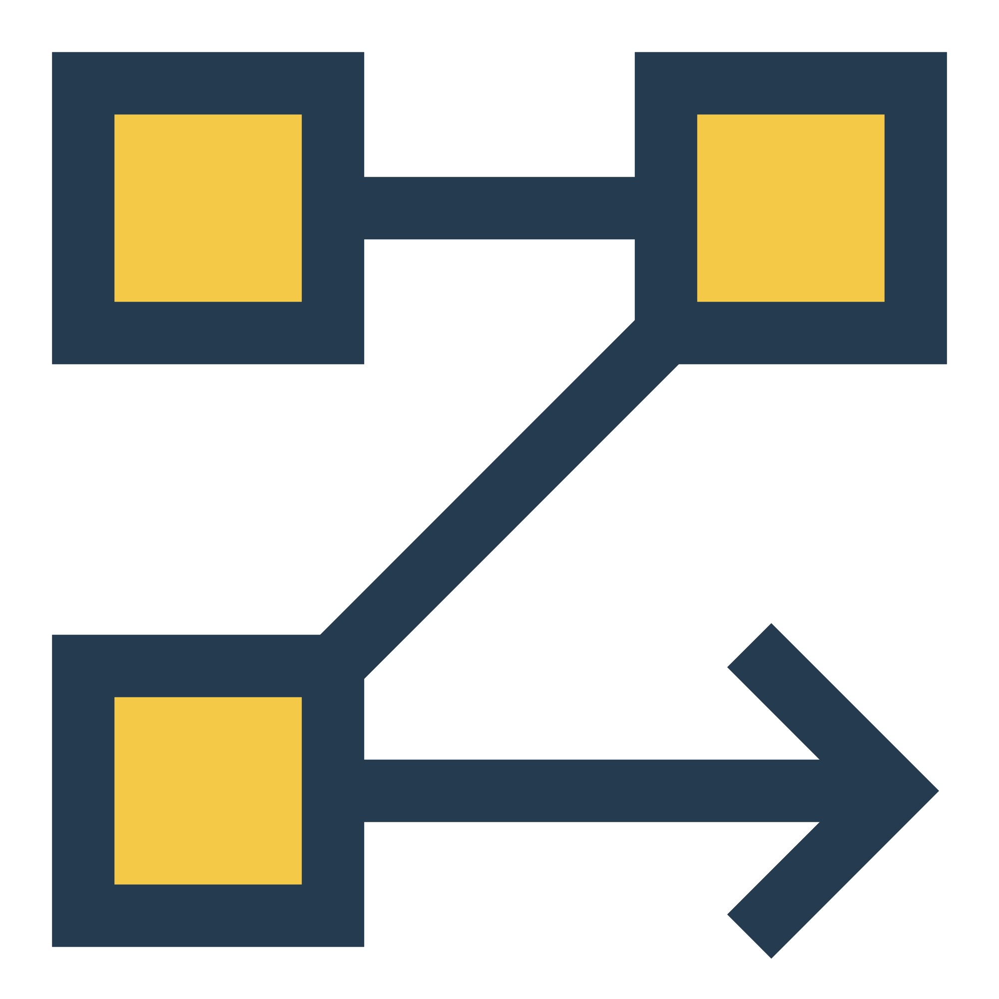 Flowchart illustrating process steps with two blue squares containing yellow squares, connected by arrows indicating sequence, leading to a final arrow pointing right.