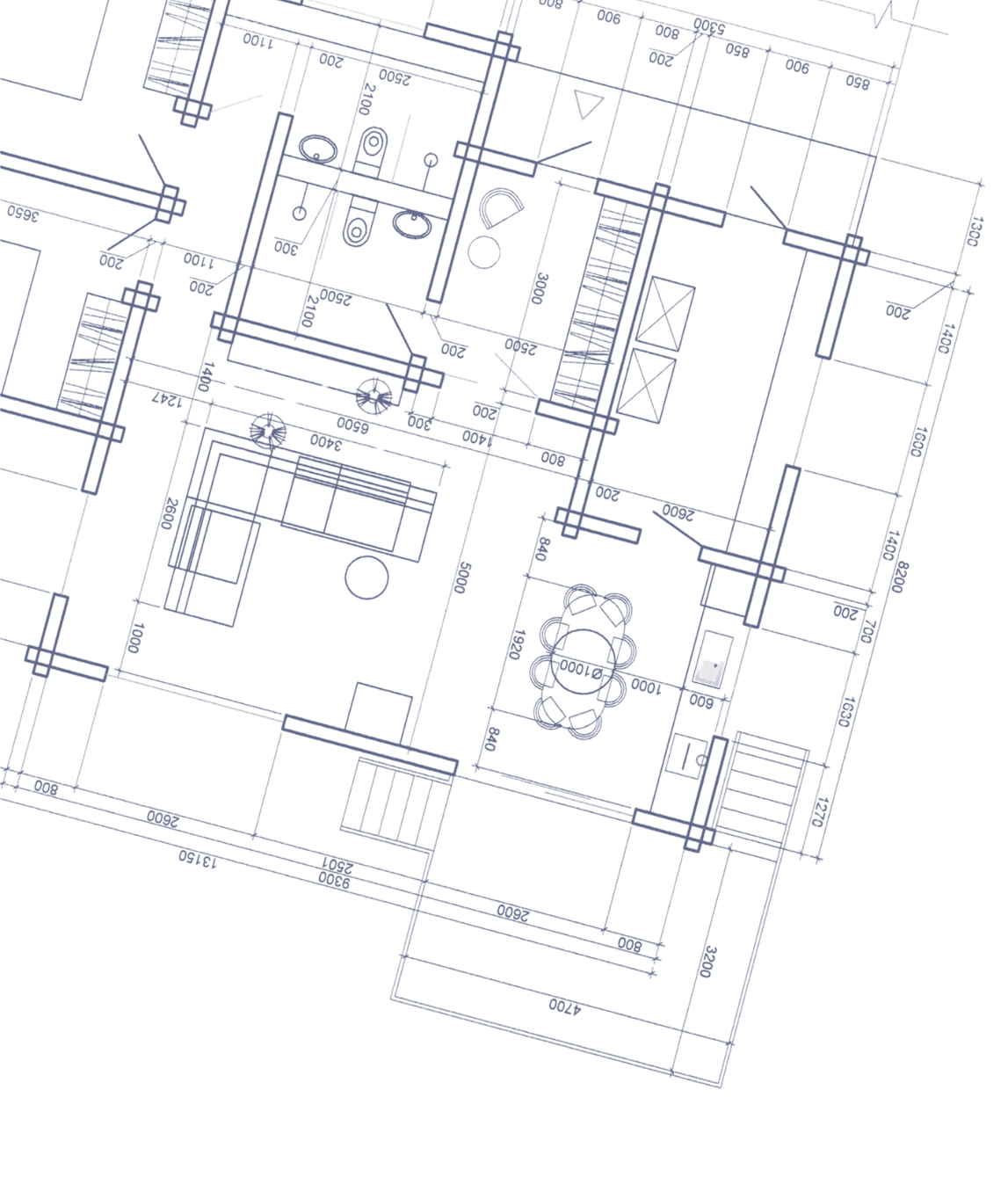 A detailed architectural blueprint of a building floor plan, showing various rooms, measurements, and design elements in blue lines on a black background.