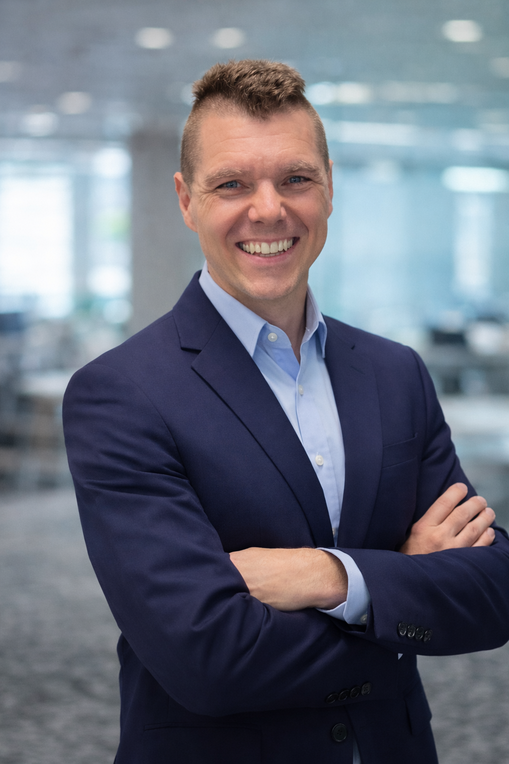 A man in a navy blue suit smiling with folded arms in an office setting with blurred background.