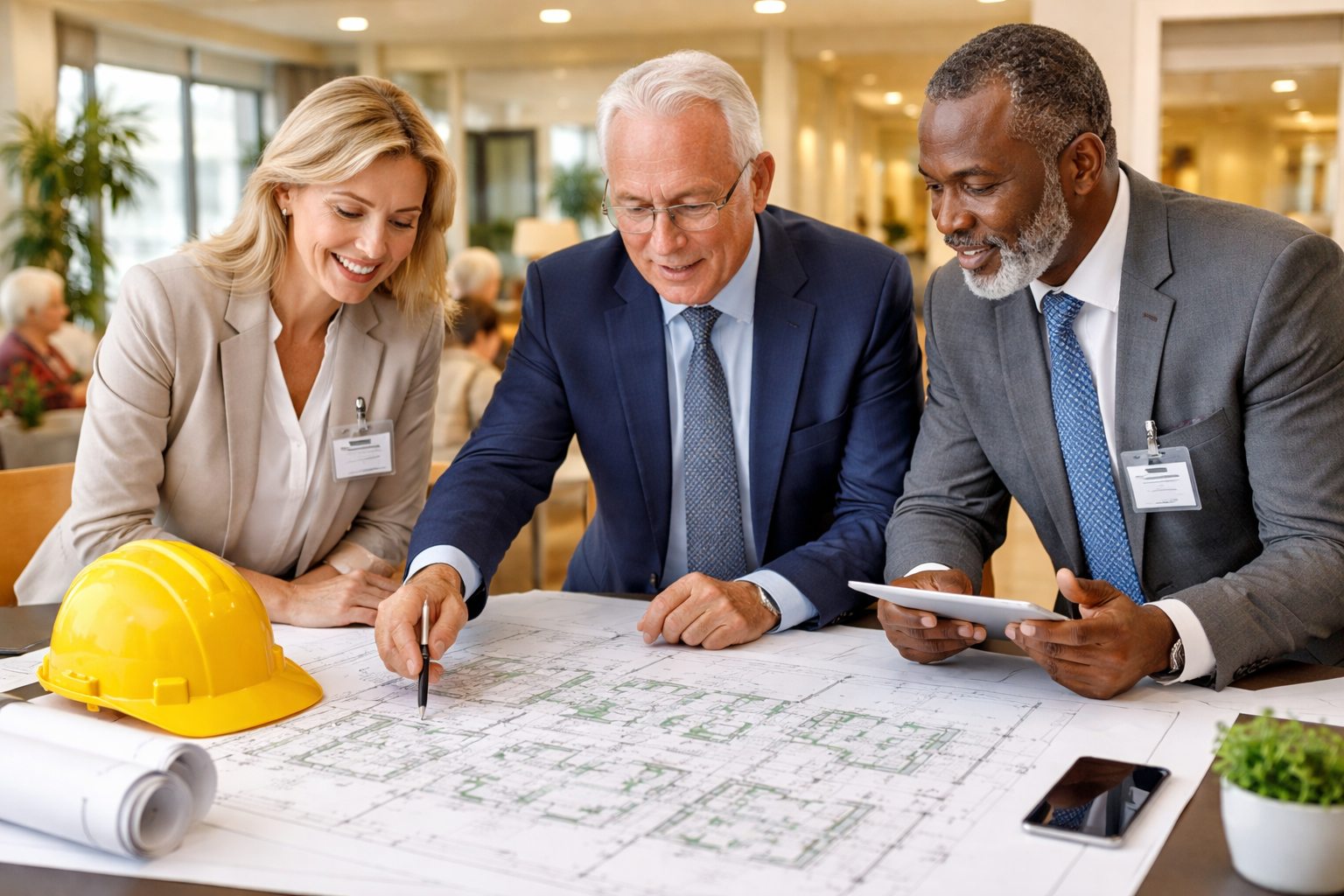 Three professionals in formal attire reviewing building blueprints at a table, with a yellow safety helmet nearby, in a well-lit indoor setting.