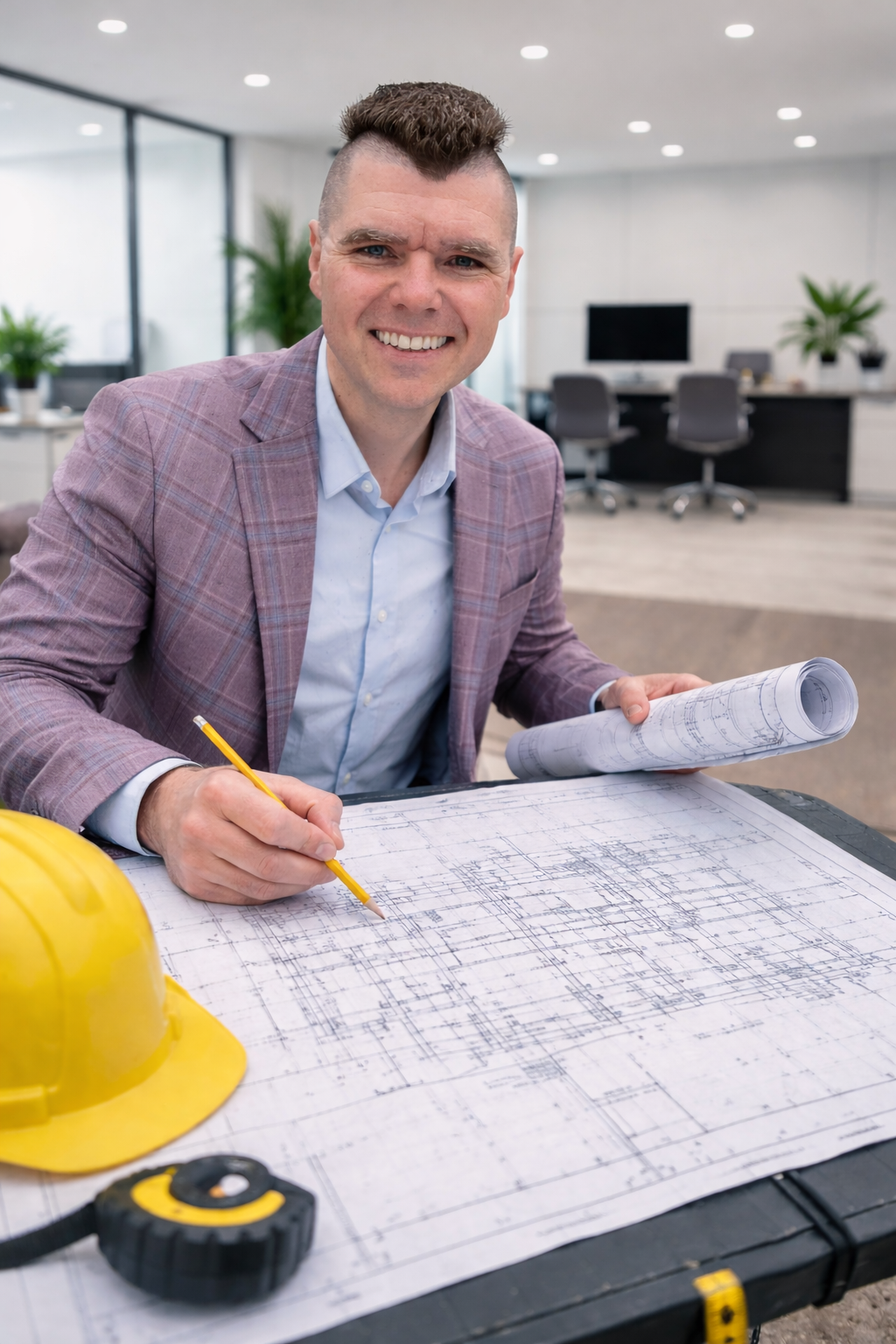 A smiling man in a plaid blazer and light blue shirt sitting at a table with blueprints, a yellow hard hat, and a measuring tape in an office or conference room. He is holding a pencil and looking at the camera.