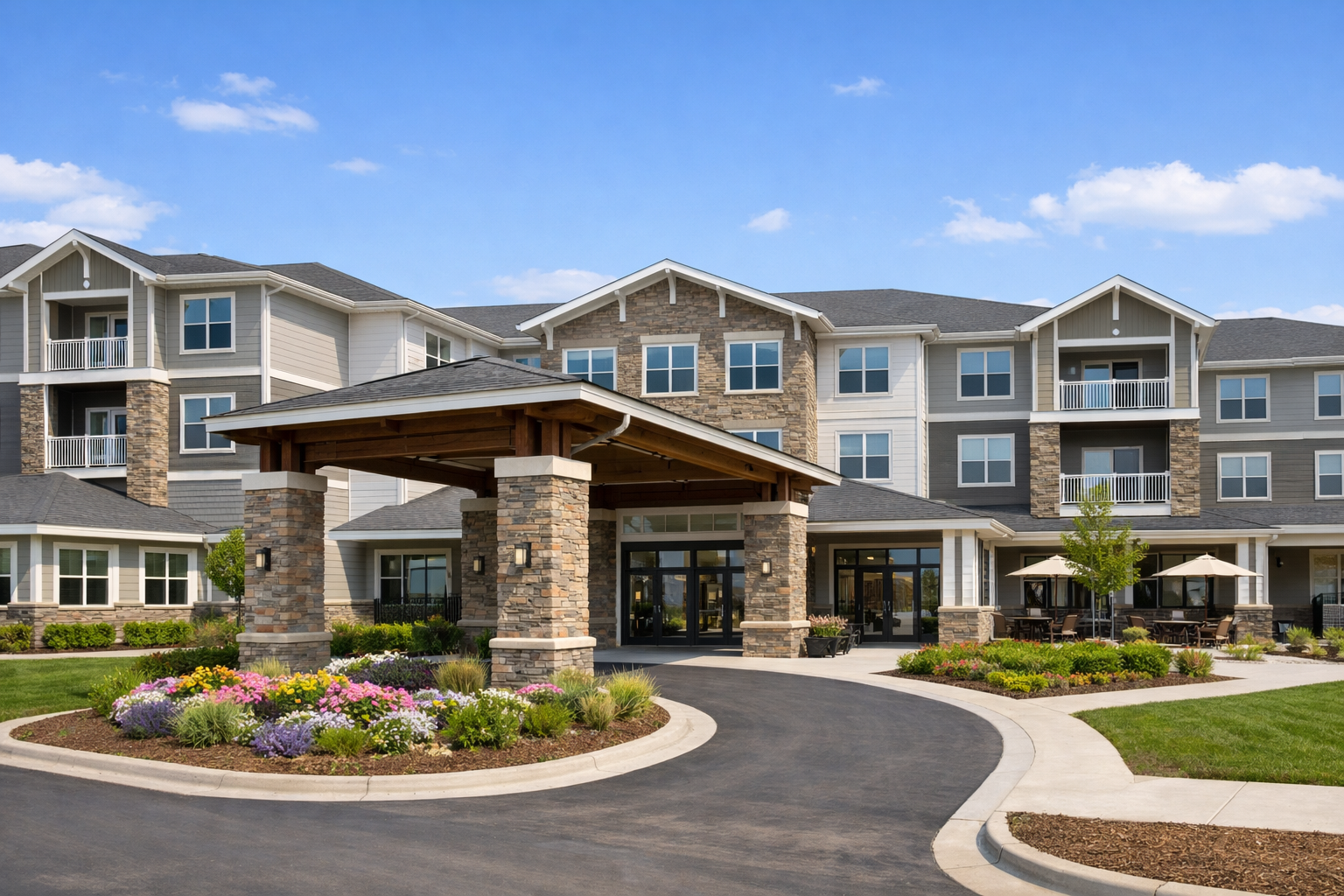 Exterior of a modern apartment complex with landscaped gardens, a curved driveway, an entrance with stone pillars, and outdoor seating with umbrellas under a blue sky with clouds.