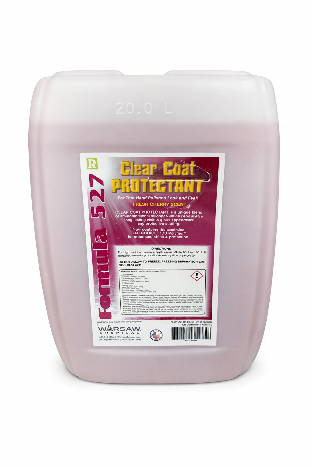 A gallon container of Clear Coat Protectant in a light pink plastic bottle with a label indicating fresh cherry scent and usage instructions.