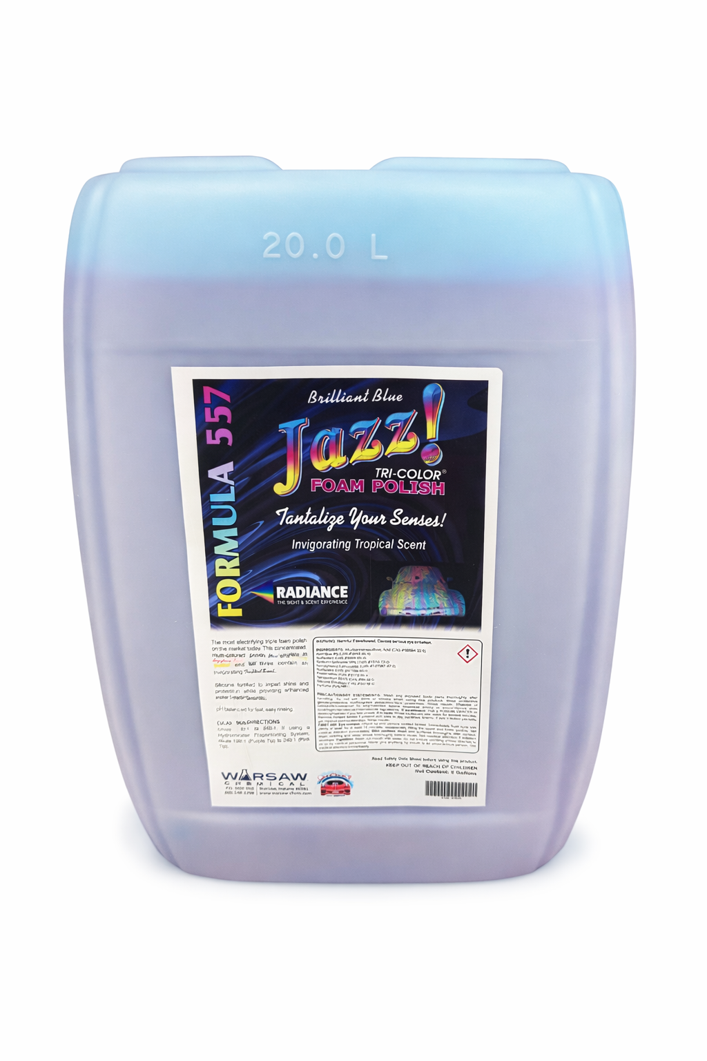 A 20-liter container of Brilliant Blue Jazz foam polish with colorful packaging and a label indicating its tobacco-scented, invigorating tropical scent.