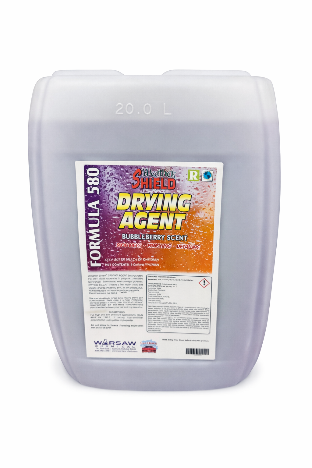 Large white container of weather shield drying agent with bubbleberry scent for upholstery, car interiors, and finishing.