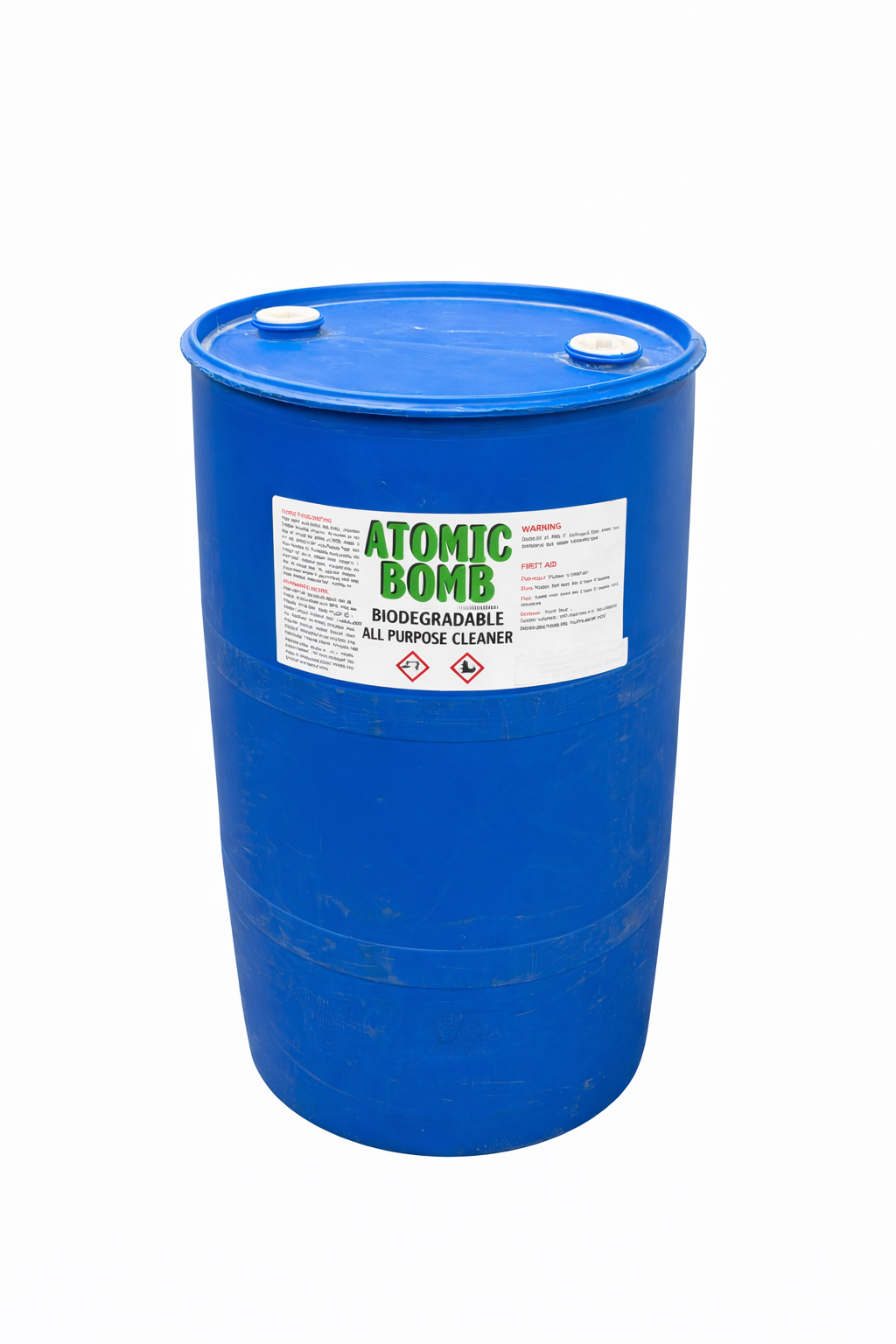 Blue industrial barrel labeled 'Atomic Bomb', indicating it contains biodegradable all-purpose cleaner.