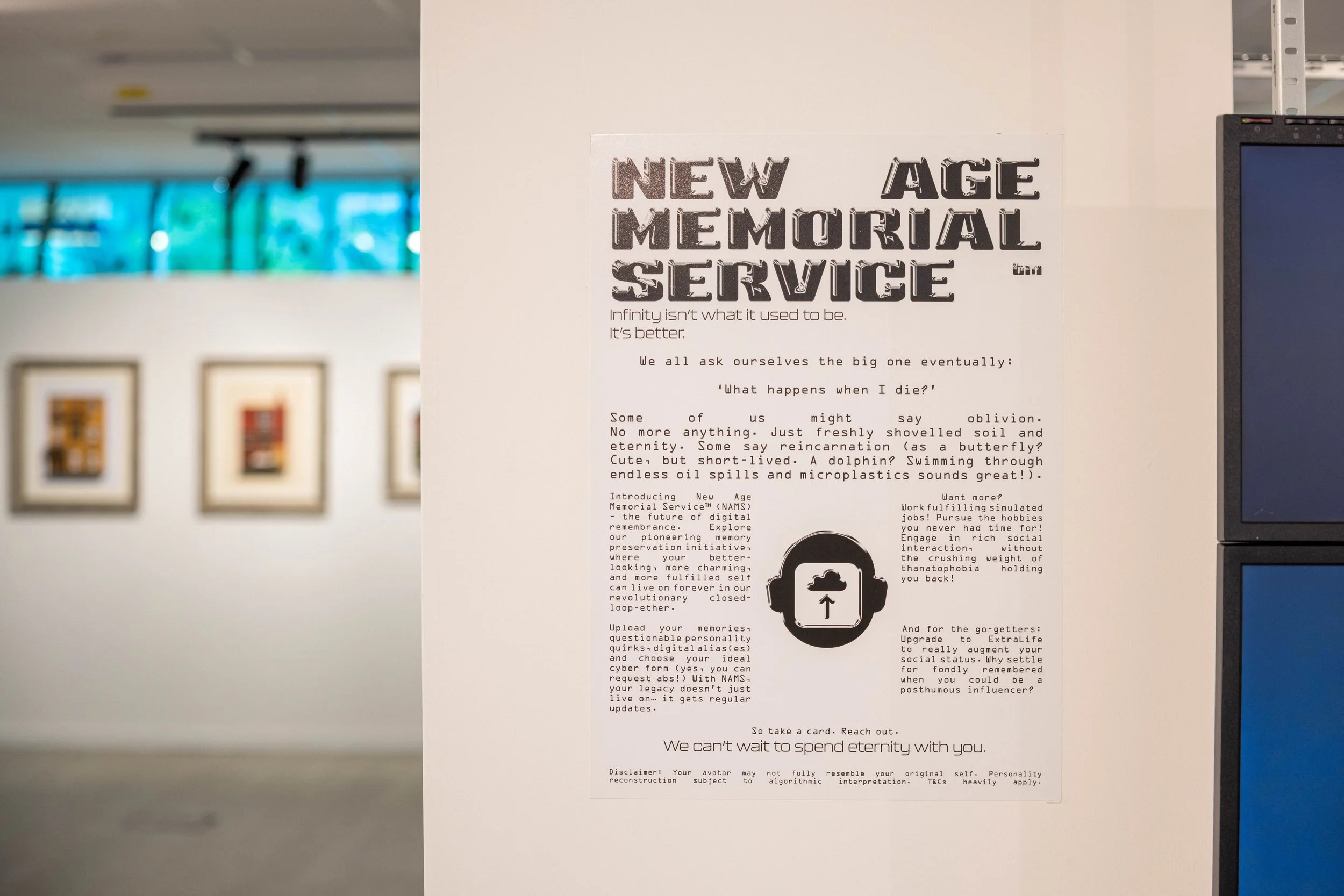 Poster titled 'New Age Memorial Service' with text about digital remembrance and memorialization.