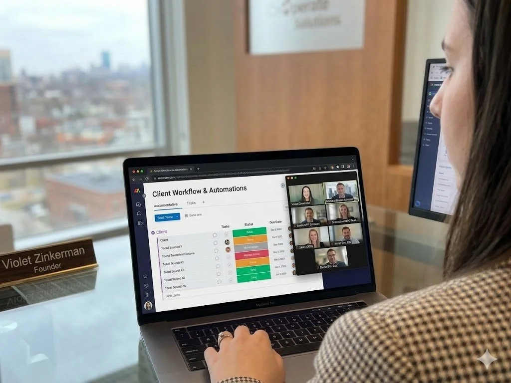 Woman working on a laptop during a virtual meeting with a video call showing eight participants. The laptop screen displays a project management app with a client workflow and tasks. A nameplate on the desk reads 'Violet Zinkerman, Founder'.