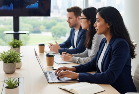 Three business professionals in a meeting, sitting at a conference table with laptops and coffee, with a large window showing trees outside.