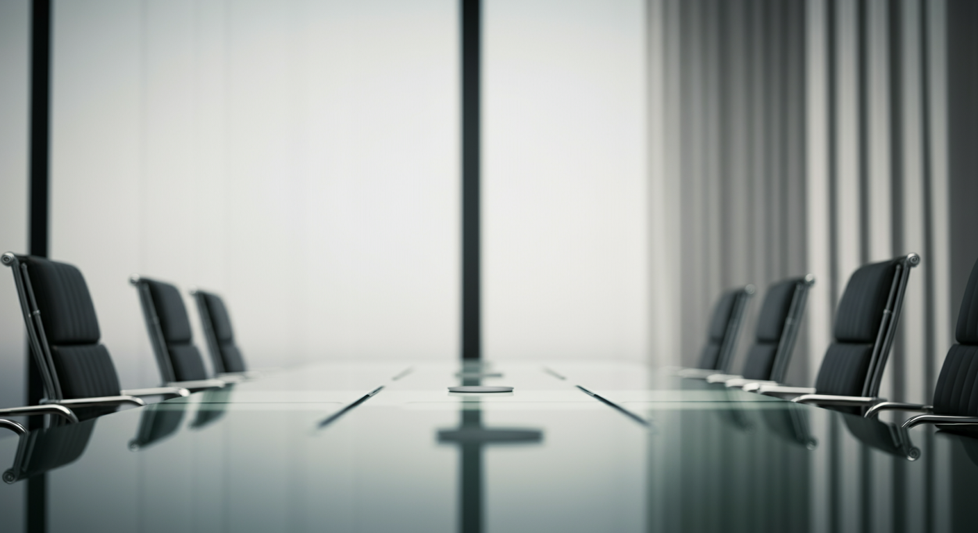 Empty modern conference room with black chairs around a long glass table.