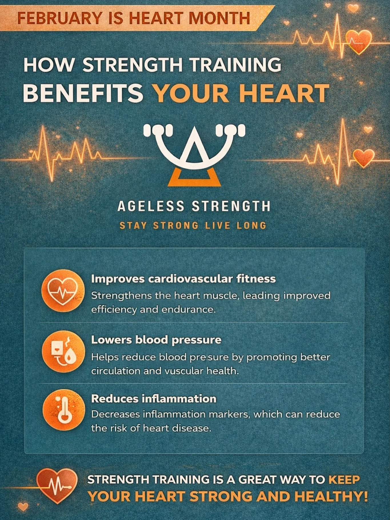 ❤️ February is Heart Month ❤️

Did you know strength training doesn&rsquo;t just build muscle &mdash; it strengthens your heart too?

💪 Improves cardiovascular fitness
🩺 Helps lower blood pressure
🔥 Reduces inflammation
🫀 Supports long-term heart