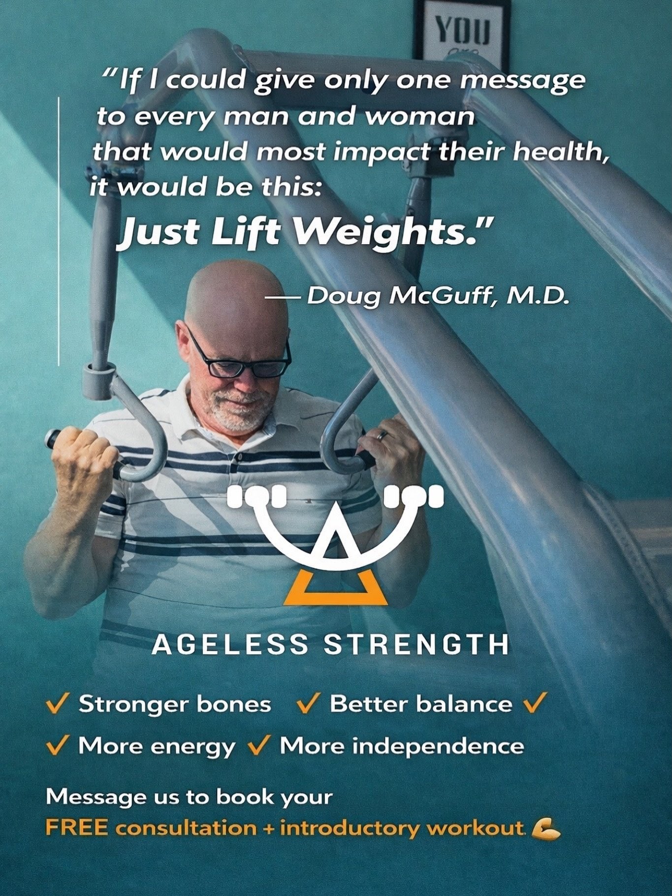 Strength training builds stronger bones, better balance, more energy, and greater independence as we age.

Message us to book your FREE consultation + introductory workout 💪
Stay strong. Live long.&rdquo;