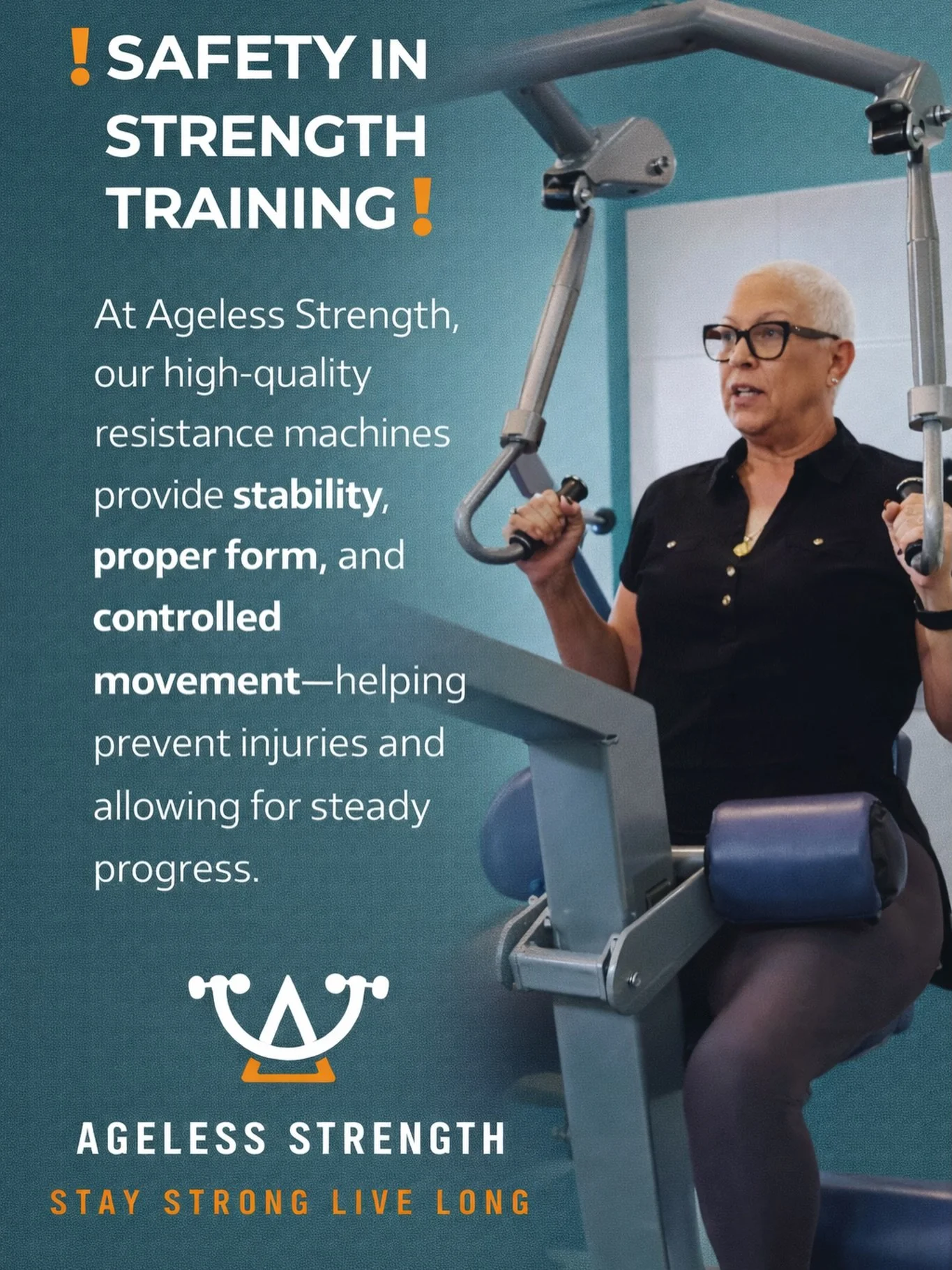 Safety matters in strength training.

At Ageless Strength, we use high-quality resistance machines designed to provide stability, proper form, and controlled movement.

That means:
✔ Lower risk of injury
✔ Safer workouts
✔ Steady, consistent progress