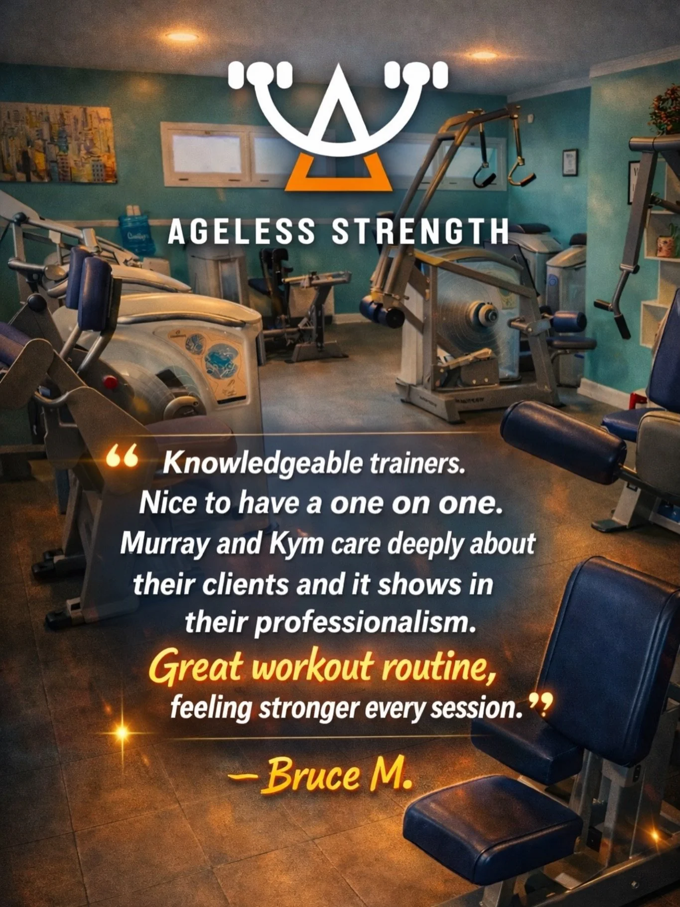 Nothing means more to us than hearing how our clients are feeling stronger and more confident in their bodies.

At Ageless Strength, every session is personal.
We focus on safe, controlled strength training using high-quality resistance machines so o