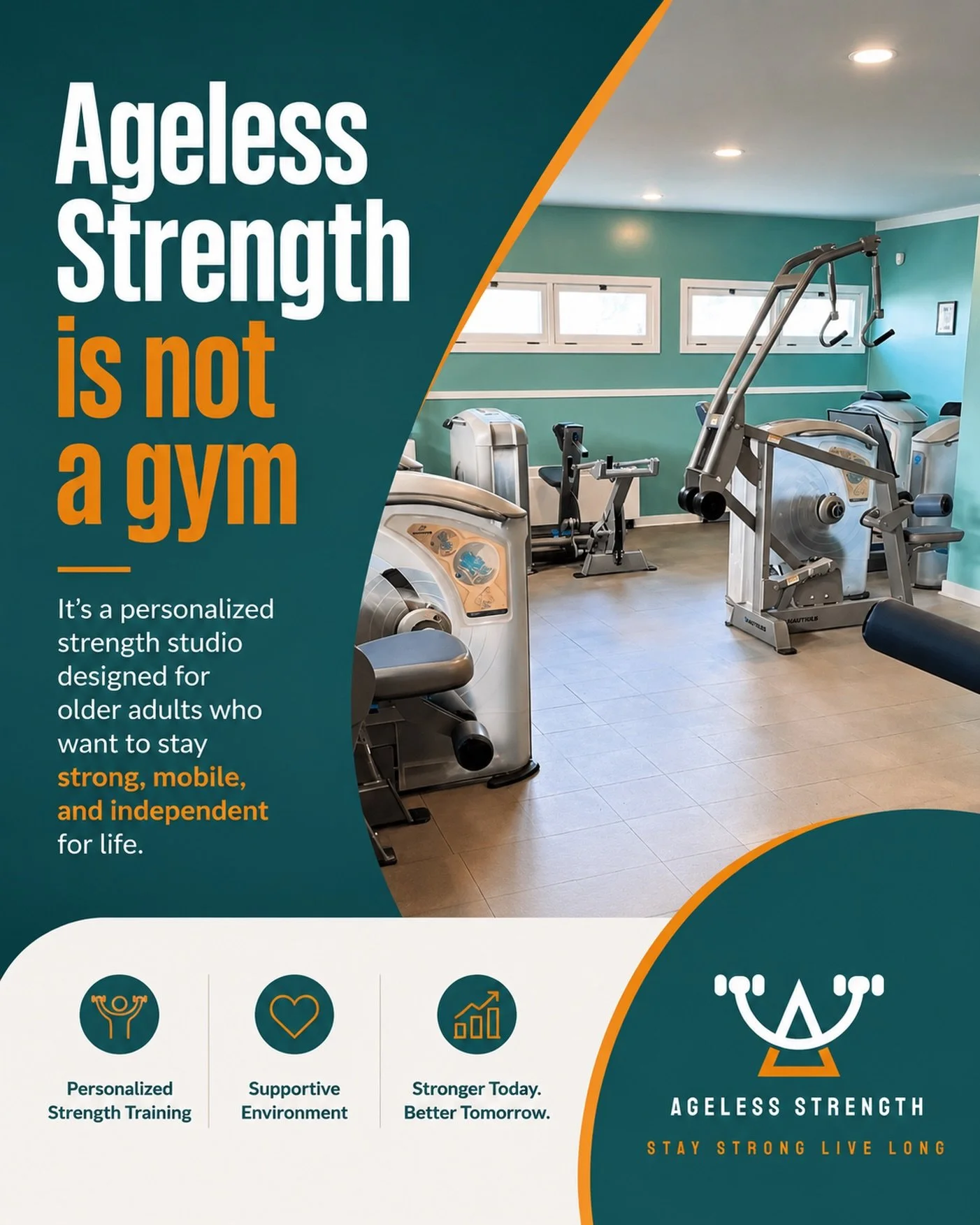 No crowds.
No waiting.
No guesswork.

Just focused, personal strength training designed around you &mdash; with every session guided, supervised, and measured for results.

At Ageless Strength, it starts with a free, no-obligation introductory sessio