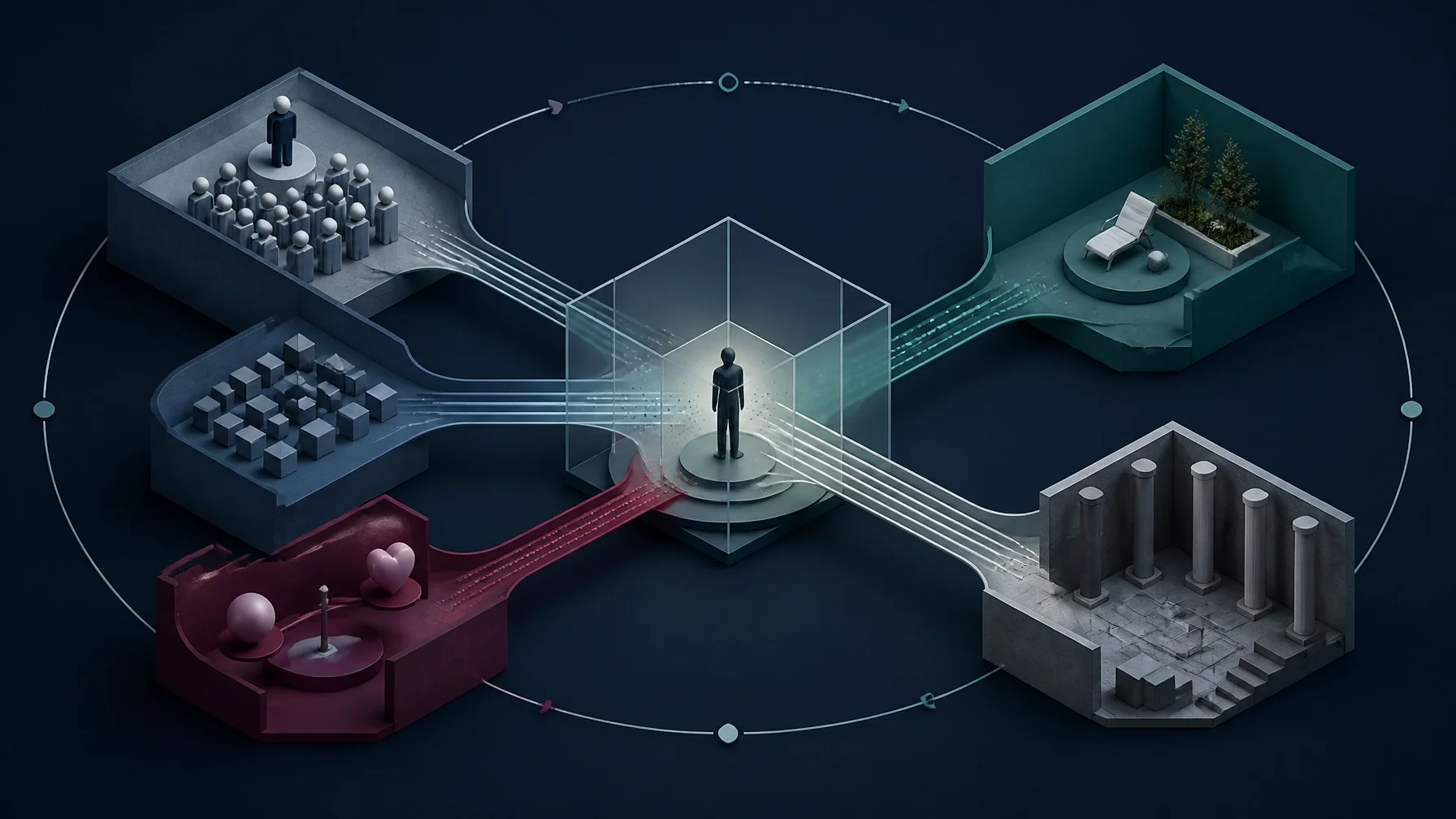 Conceptual architectural system showing multiple professional, relational, and recovery demands converging around a central decision-maker under executive stress.