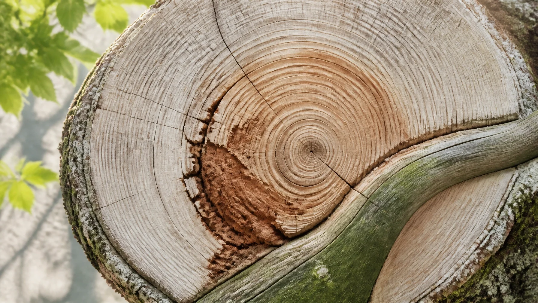 Tree cross-section with concentric growth rings and a reinforcing graft, representing concealed substance-related strain, long-term adaptation, and the possibility of stronger recovery.