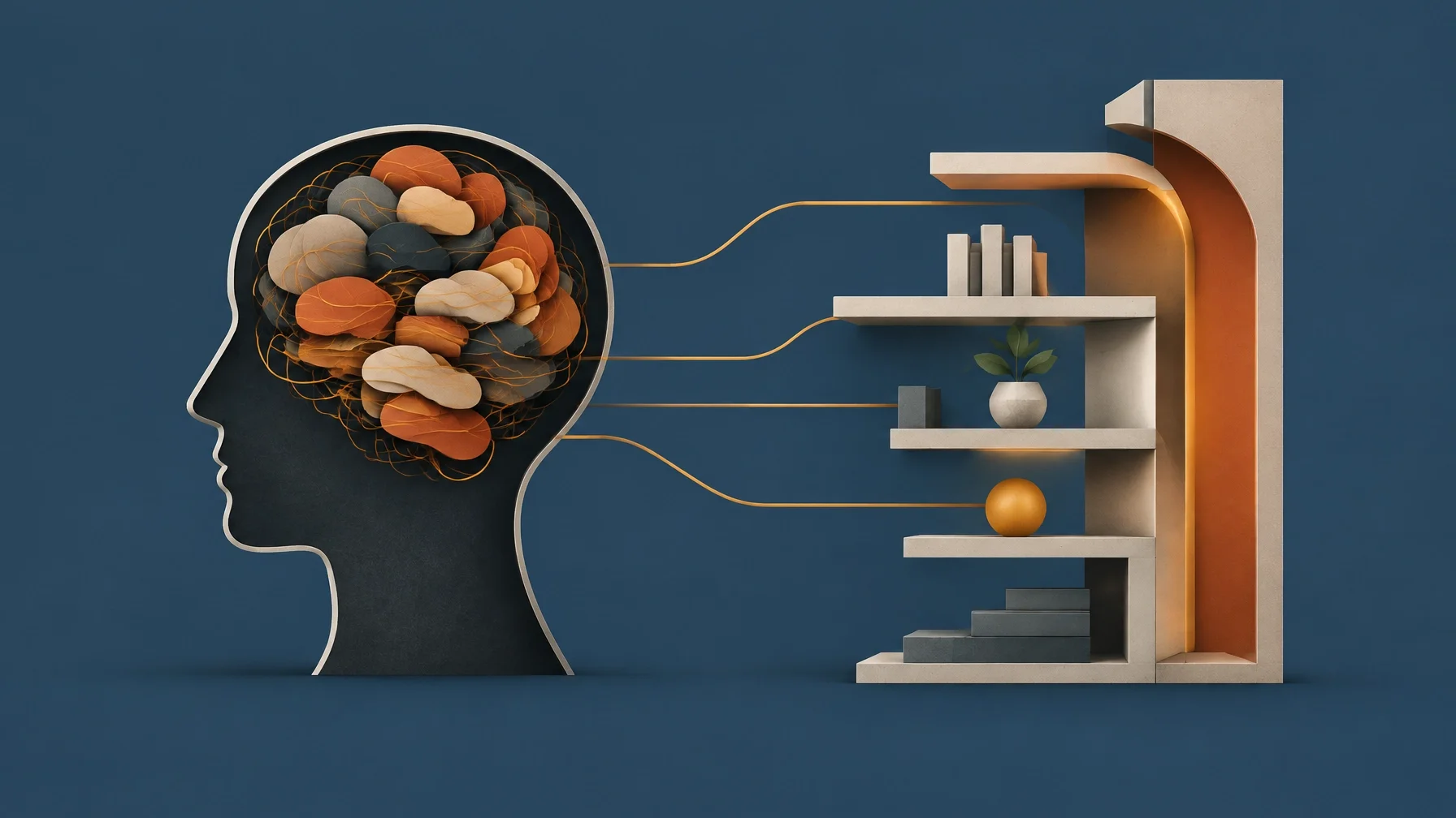 Conceptual image connecting complex cognitive activity with external structure, illustrating how environment can support planning, regulation, and sustainable performance.