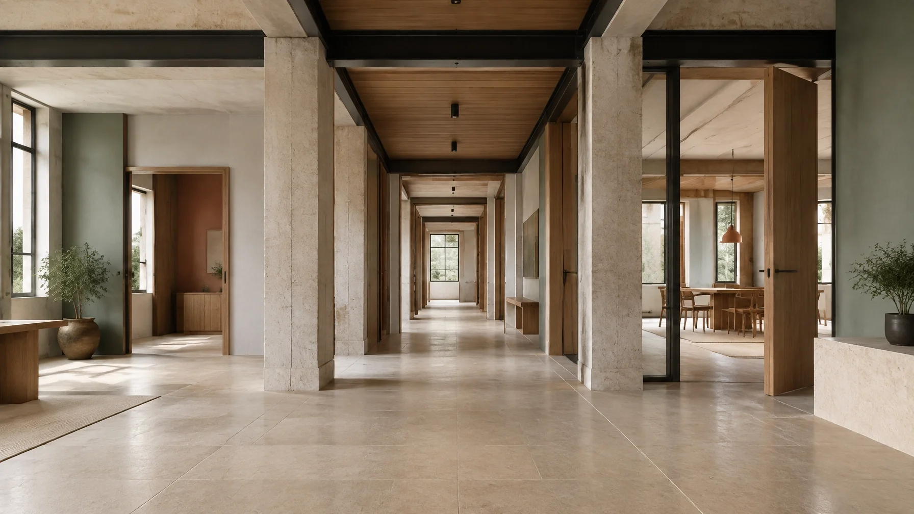 Aligned architectural interior with connected rooms, structural columns, and a clear central passage, illustrating durable change in the system that produces behavior.