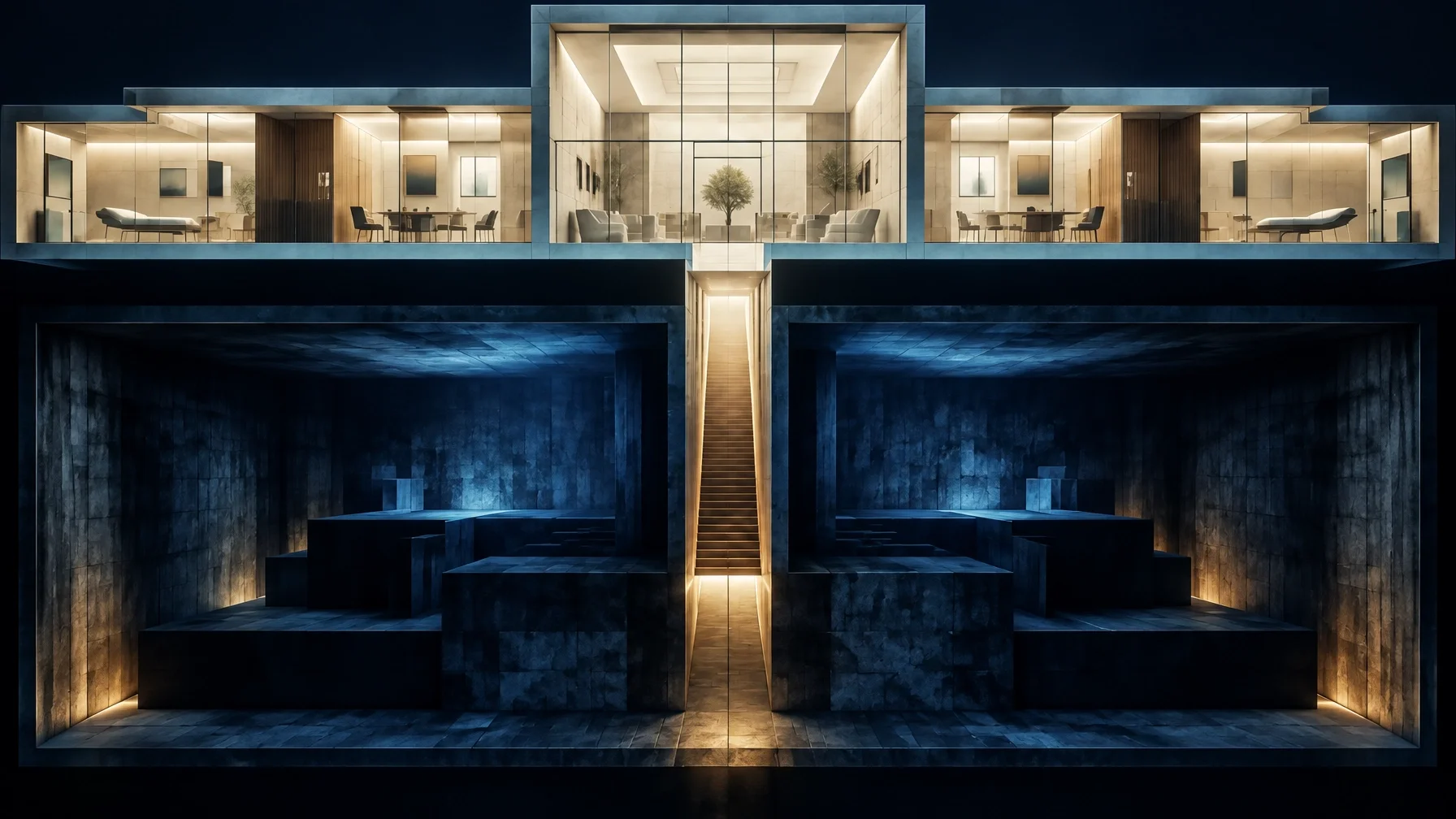 Sectional architectural structure with illuminated upper rooms, dark lower chambers, and a central pathway representing addiction medicine and recovery.
