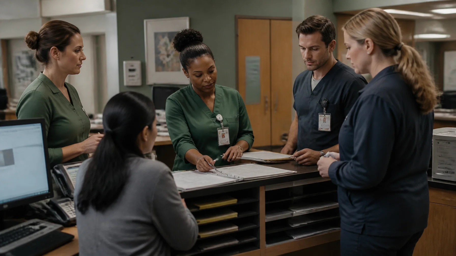 Clinical team gathered around an organized handoff process, representing coordinated workflow, shared responsibility, and structural support for burnout prevention.