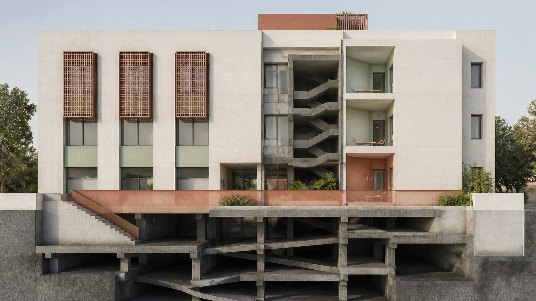 Architectural building with an orderly exterior and exposed lower structure, revealing the complex foundations and circulation systems beneath a visible outcome.