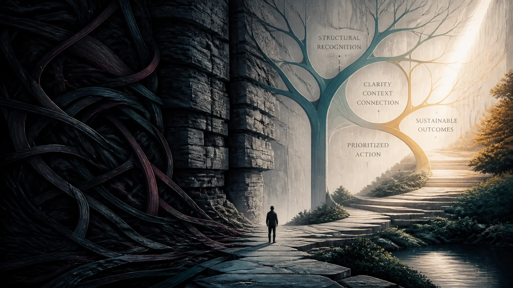 Architectural pathway representing the movement from hidden strain and compressed complexity toward recognition, clearer priorities, and targeted action.