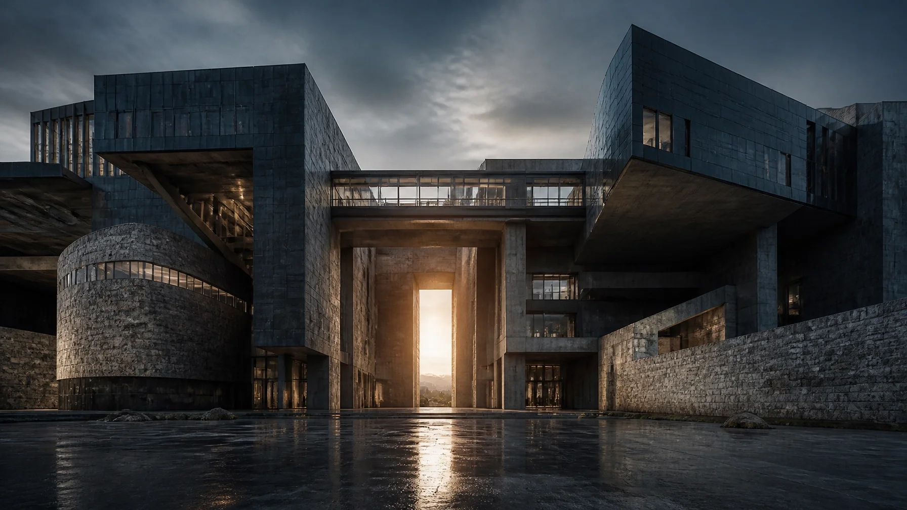 Contemporary institutional architecture with interconnected concrete masses, bridges, and a central opening, illustrating the pressures and adaptations that can contribute to burnout.