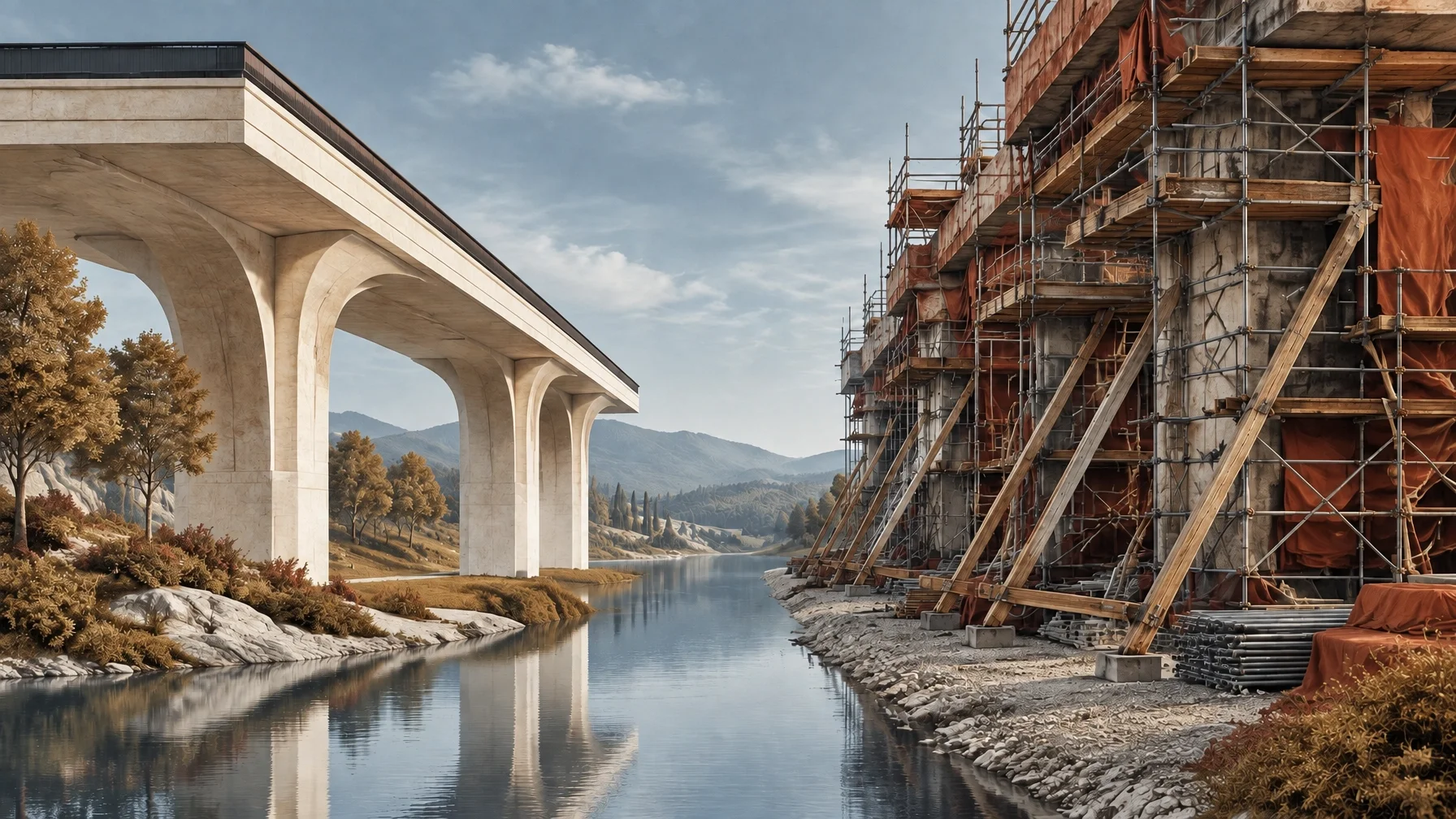 Contrasting architectural structures representing stable support, temporary scaffolding, workload redesign, and the difference between sustainable systems and continued compensation.
