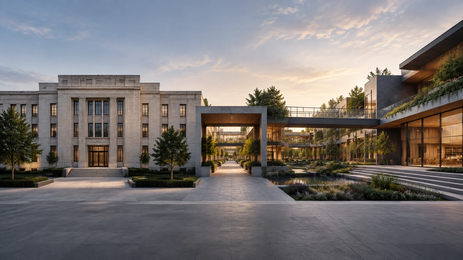 Architectural complex transitioning from a formal institutional building into a connected adaptive system, illustrating how insight becomes behavioral transformation when the structure of what happens next changes.