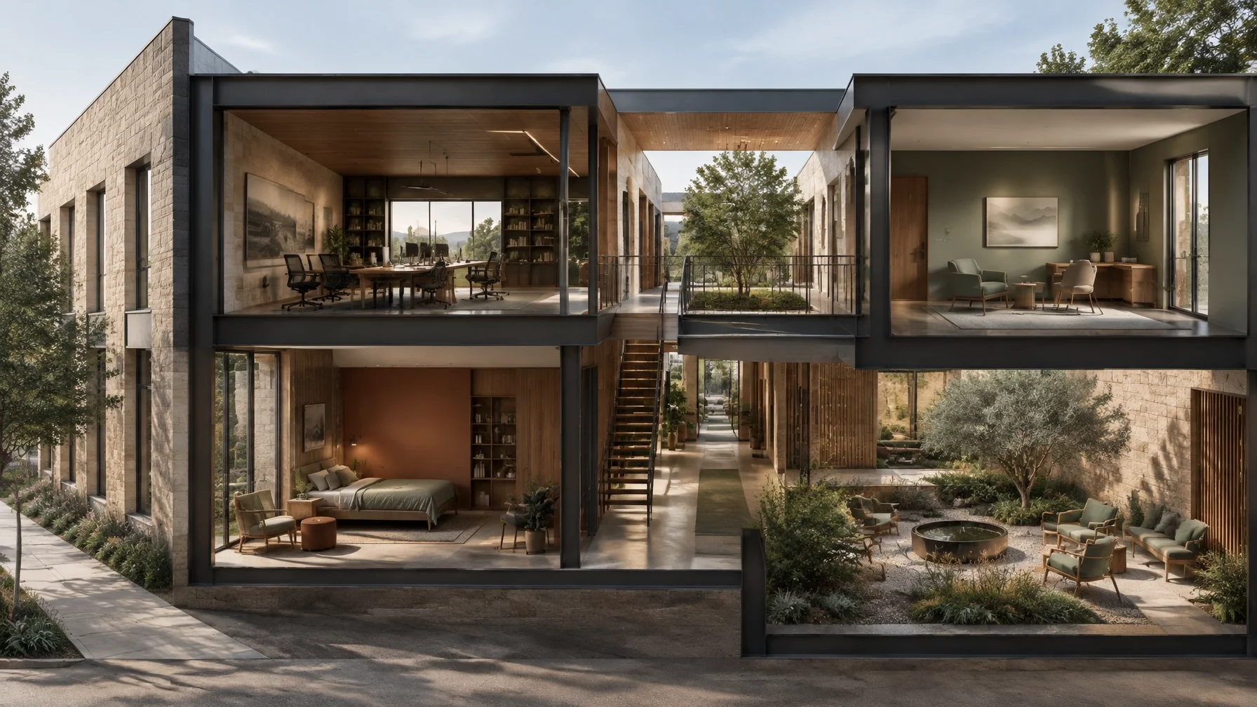 Sectional architectural complex showing work, living, restorative, and shared spaces connected through one circulation system, illustrating how a presenting problem can reflect a larger behavioral and clinical context.