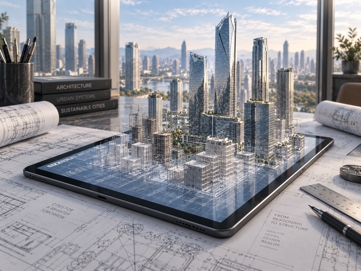 Detailed architectural model of a connected city displayed over blueprints, illustrating how computational design makes complex systems, relationships, and structural decisions visible.
