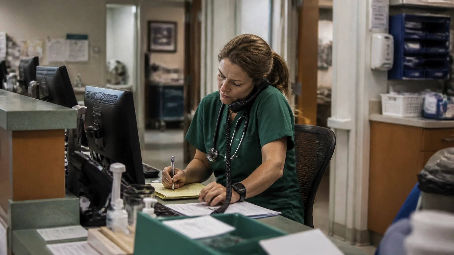 Physician managing documentation, communication, and competing task streams at a clinical workstation, illustrating how workflow demands contribute to professional burnout.