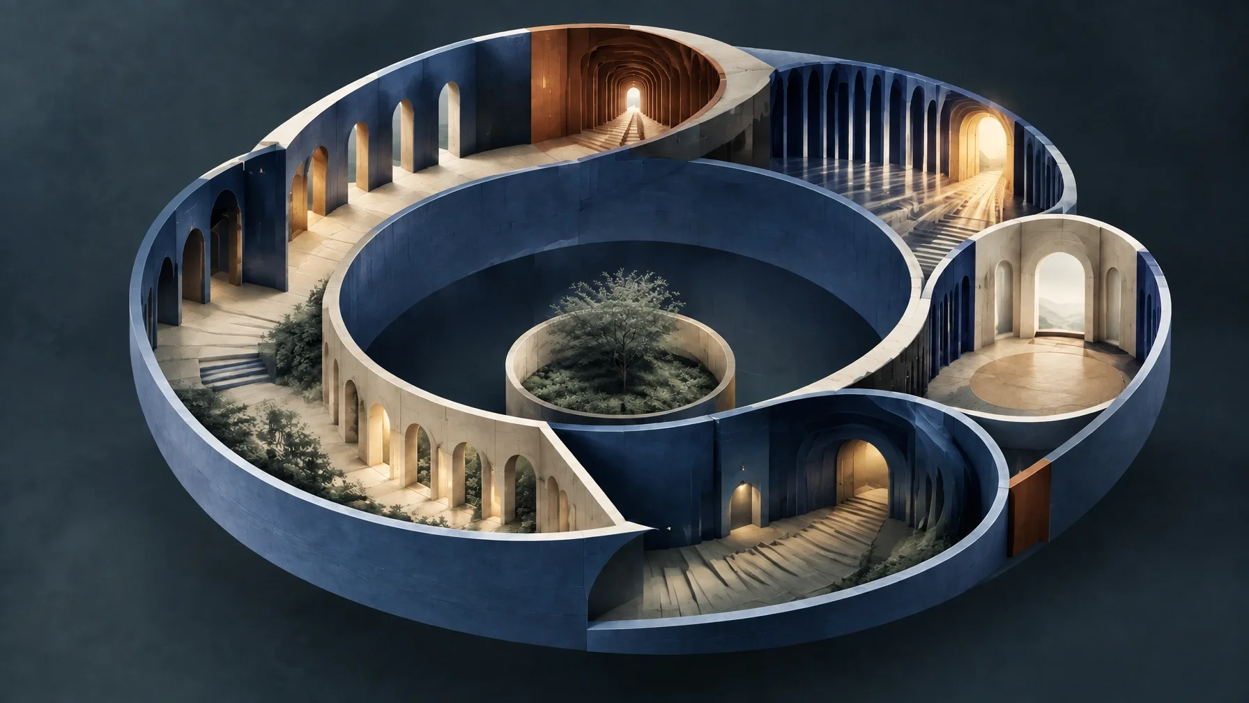 Looping architectural structure representing the repeating cycle of demand, urgency, intense output, depletion, and renewed demand in ADHD-related compensation.