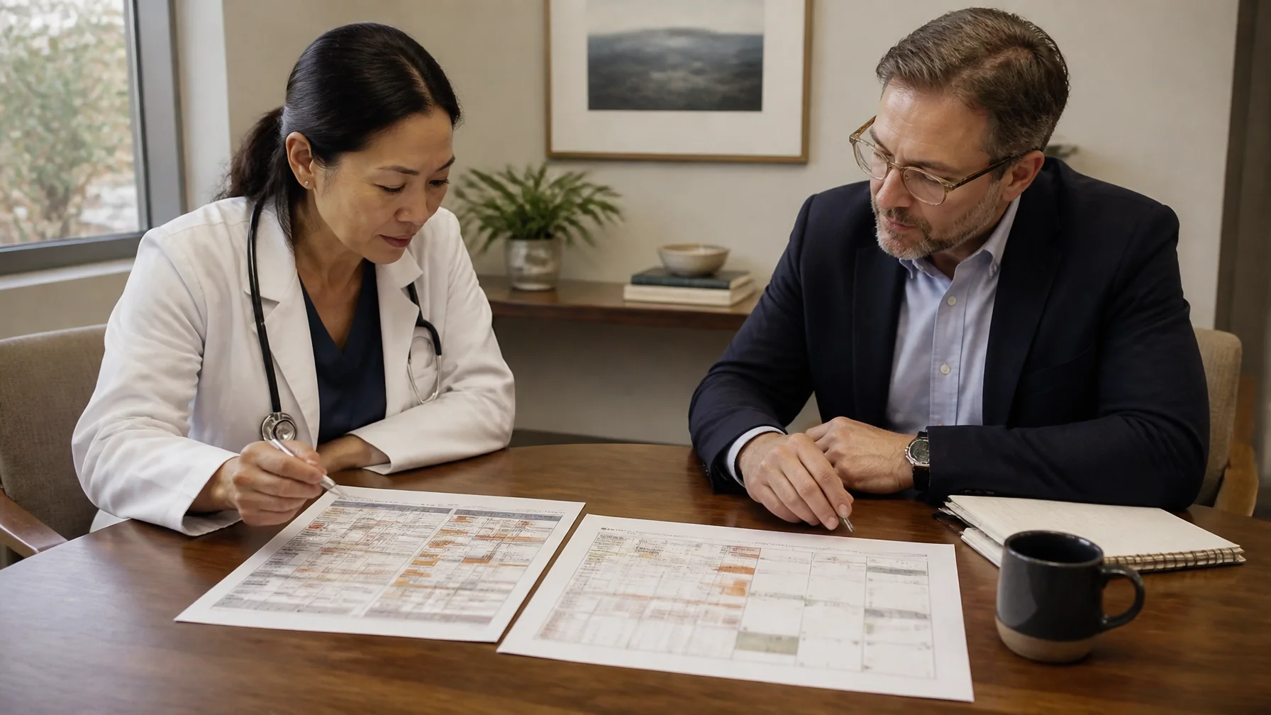 Physician and clinical operations leader reviewing workflow layouts and a schedule, representing collaborative redesign of workload, decision rights, and professional demands.