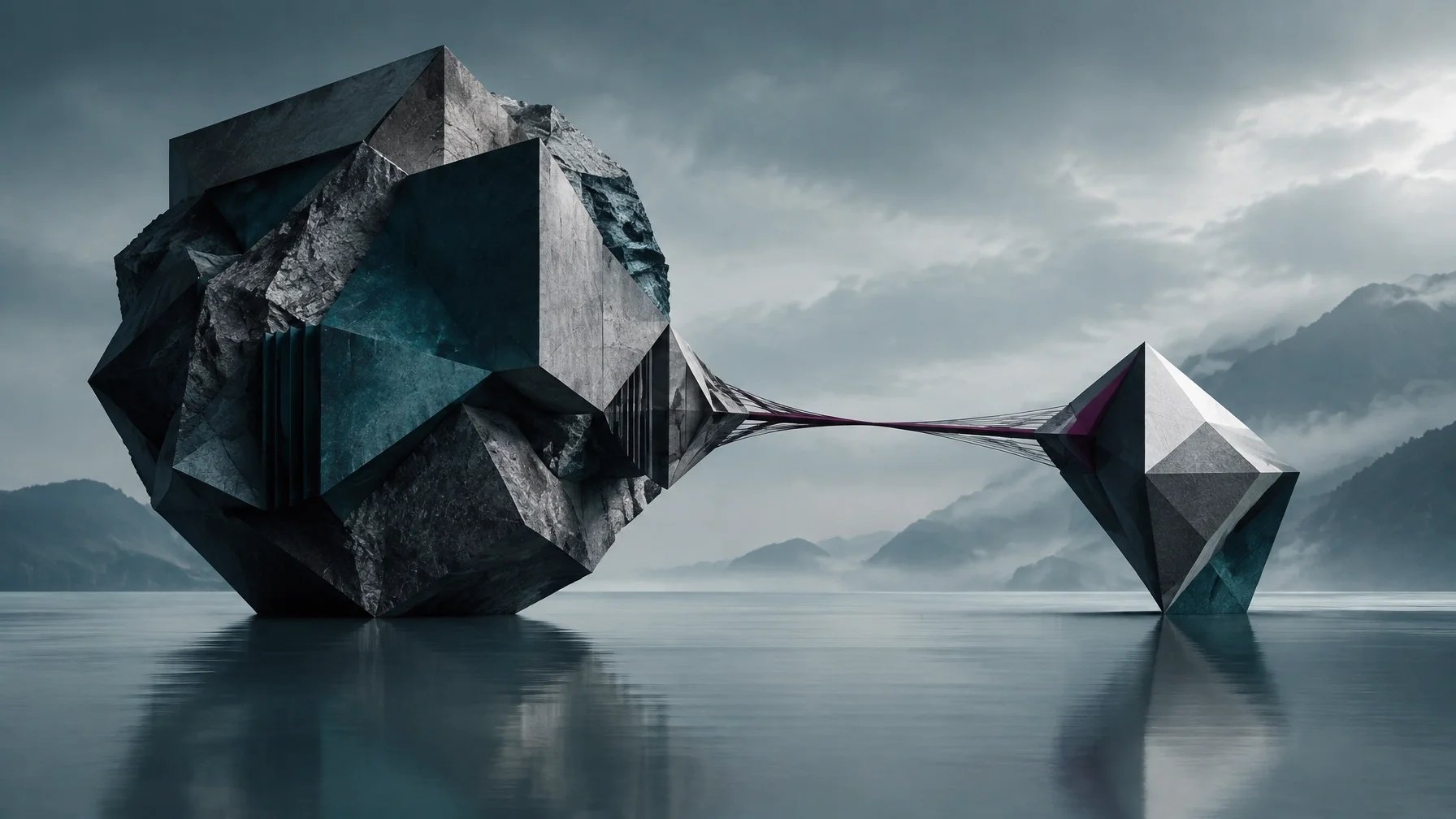 Two unequal architectural masses joined by a single narrow structural link, rendered in deep teal, iron gray, bone white, and plum, representing an uneven capability profile under load.