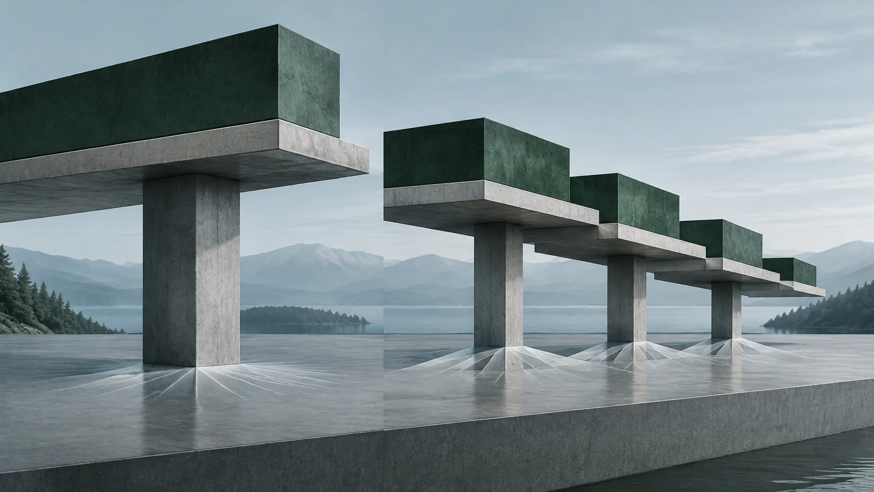 Architectural structure arranged in a clear sequence with load distributed across multiple supports, in deep forest green, cool concrete gray, and pale blue-gray.
