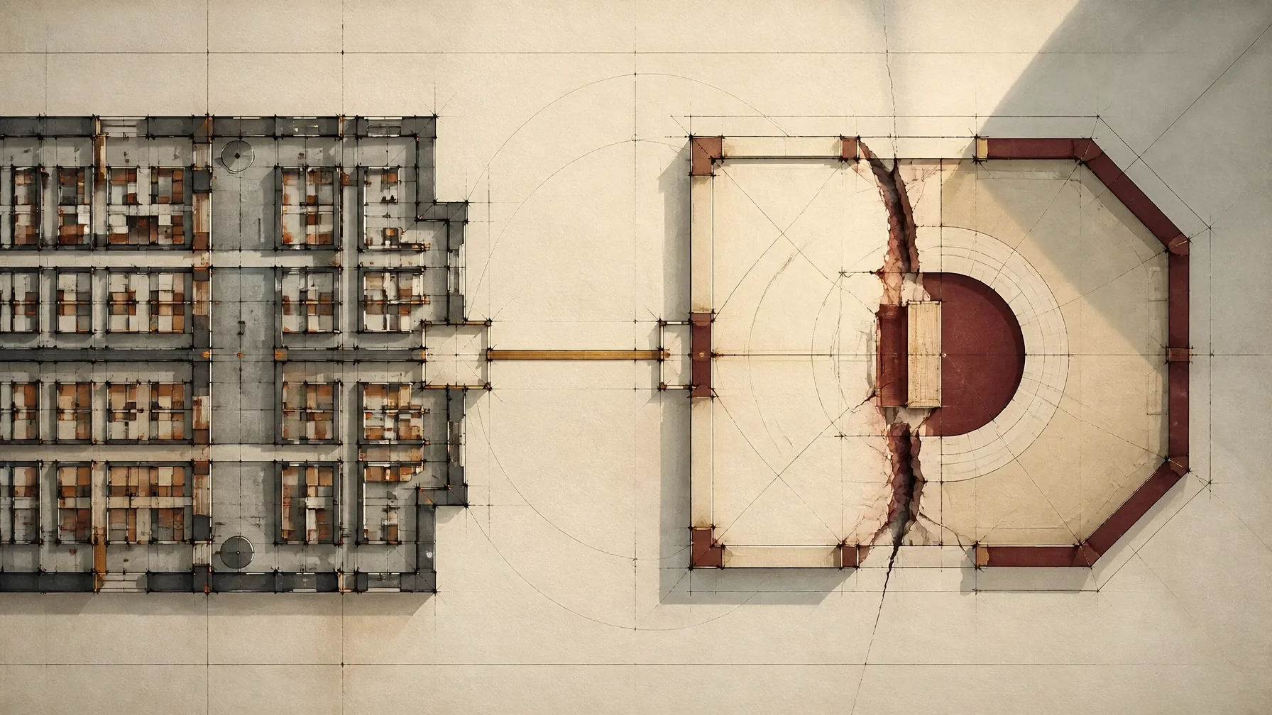 Architectural plan contrasting compressed occupational workload with a fractured values-based structure, representing the distinct but overlapping mechanisms of physician burnout and moral injury.