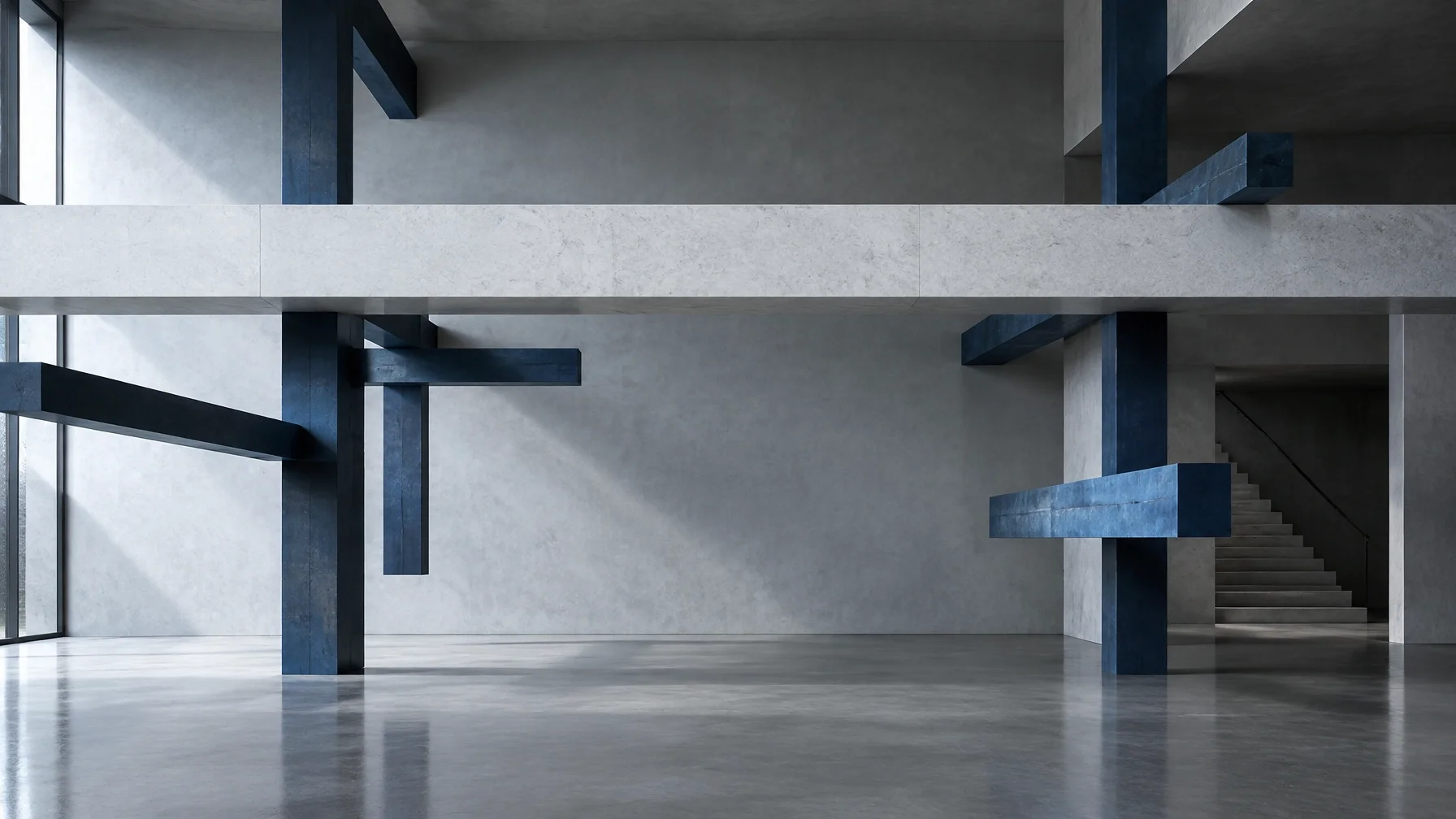 Cool-toned architectural interior with one continuous pale stone structural band spanning the frame alongside irregular deep indigo and blue members of uneven length, spacing, and support.