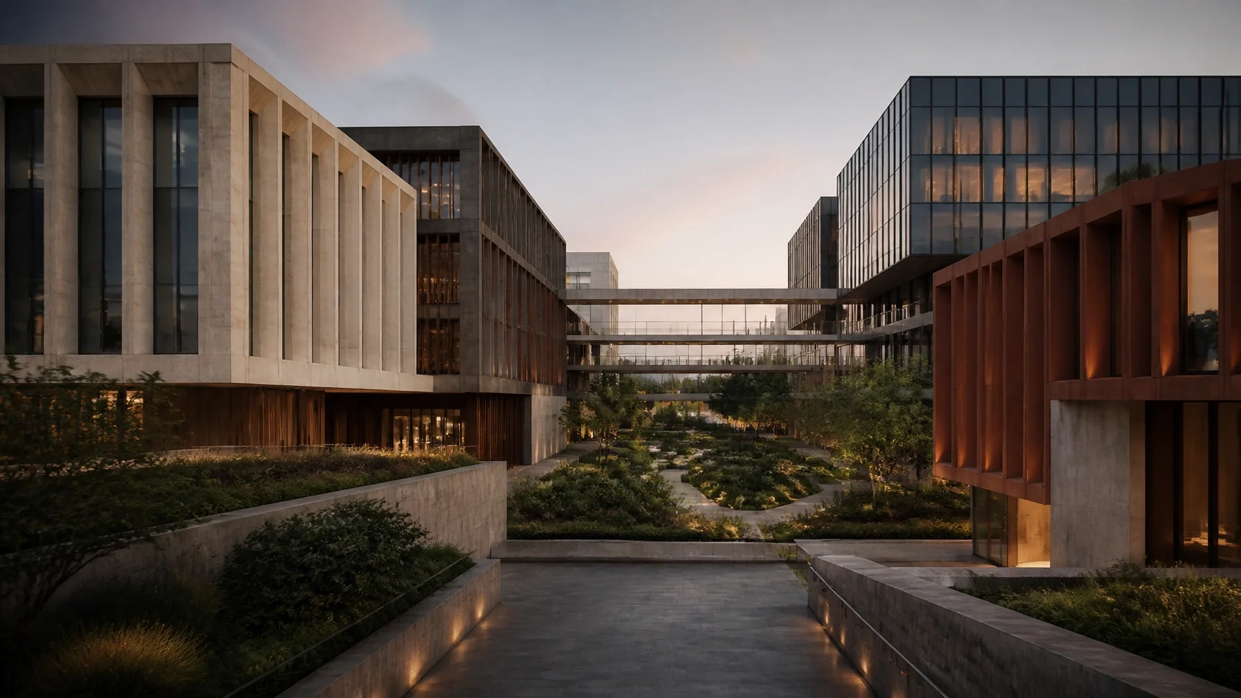 Connected architectural campus with distinct building wings, bridges, landscaped pathways, and shared courtyards, illustrating different systems operating within one coordinated structure.
