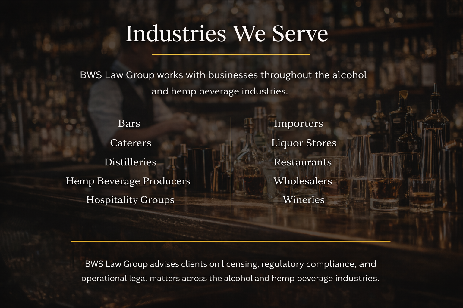 Text overlay on a bar scene background reads: 'Industries We Serve' and lists several industries including bars, caterers, distilleries, hemp beverage producers, hospitality groups, importers, liquor stores, restaurants, wholesalers, and wineries. The bottom of the image has a sentence about BWS Law Group advising clients on licensing, regulatory compliance, and legal matters in the alcohol and hemp beverage industries.