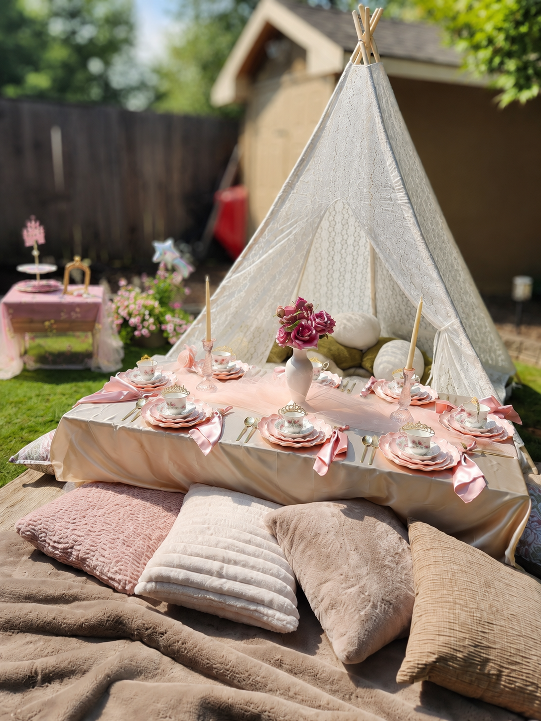 A dollhouse style outdoor teepee with a picnic setup on a table, decorated with pink and white tableware, pink flowers, and pink pillows on the ground, set in a backyard.