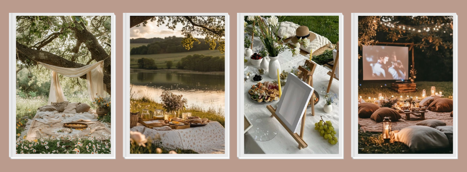 Luxury outdoor date night setups in Kamloops including picnic by the lake, romantic dining setup, and backyard movie night experience