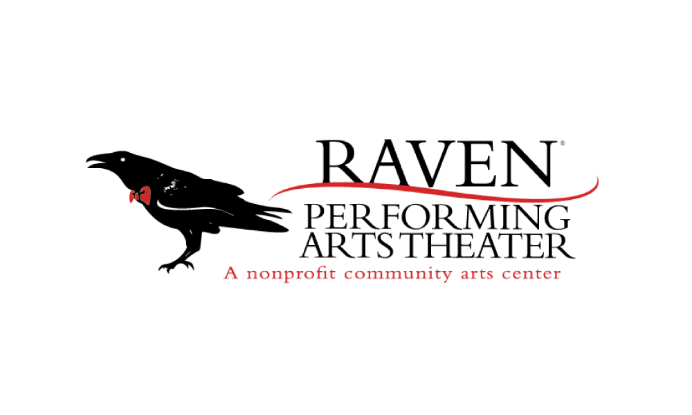 Raven Performing Arts Theater logo featuring a black raven with an open beak, white eye, and red tongue, alongside stylized red and black text.